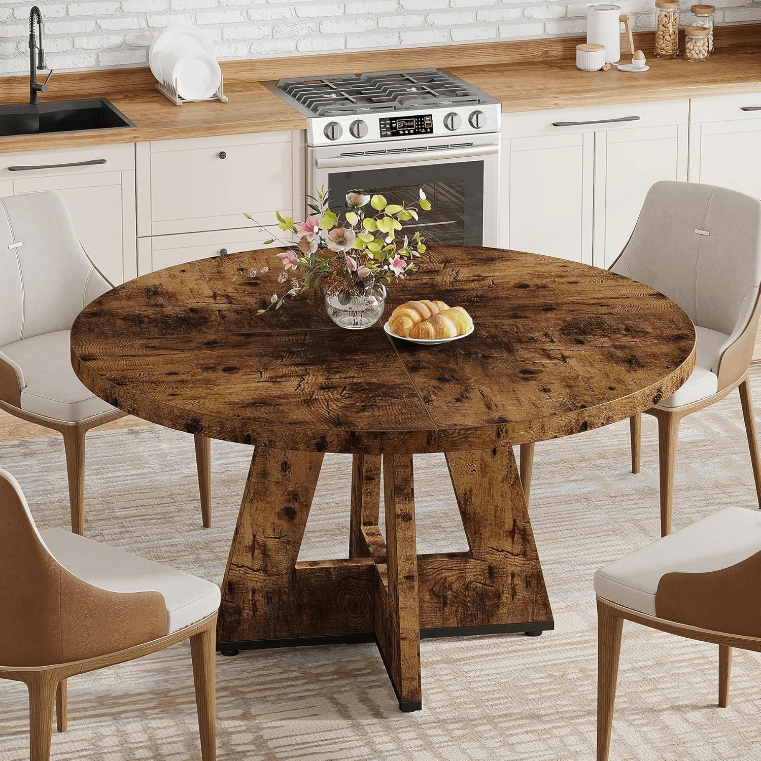 47-Inch Round Farmhouse Dining Table for 4–6 with Cross-Style Pedestal Base - Image 62