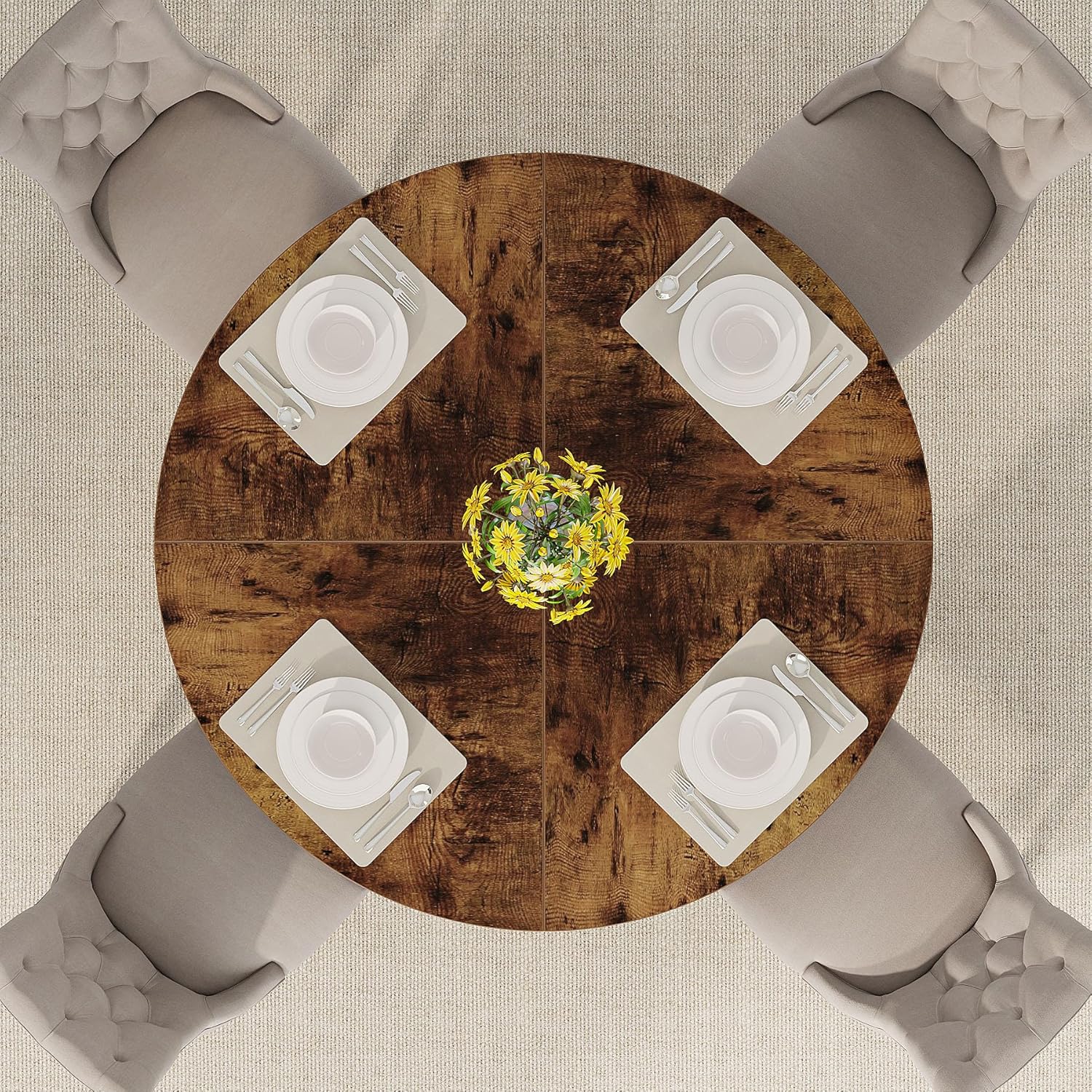 47-Inch Round Farmhouse Dining Table for 4–6 with Cross-Style Pedestal Base - Image 65