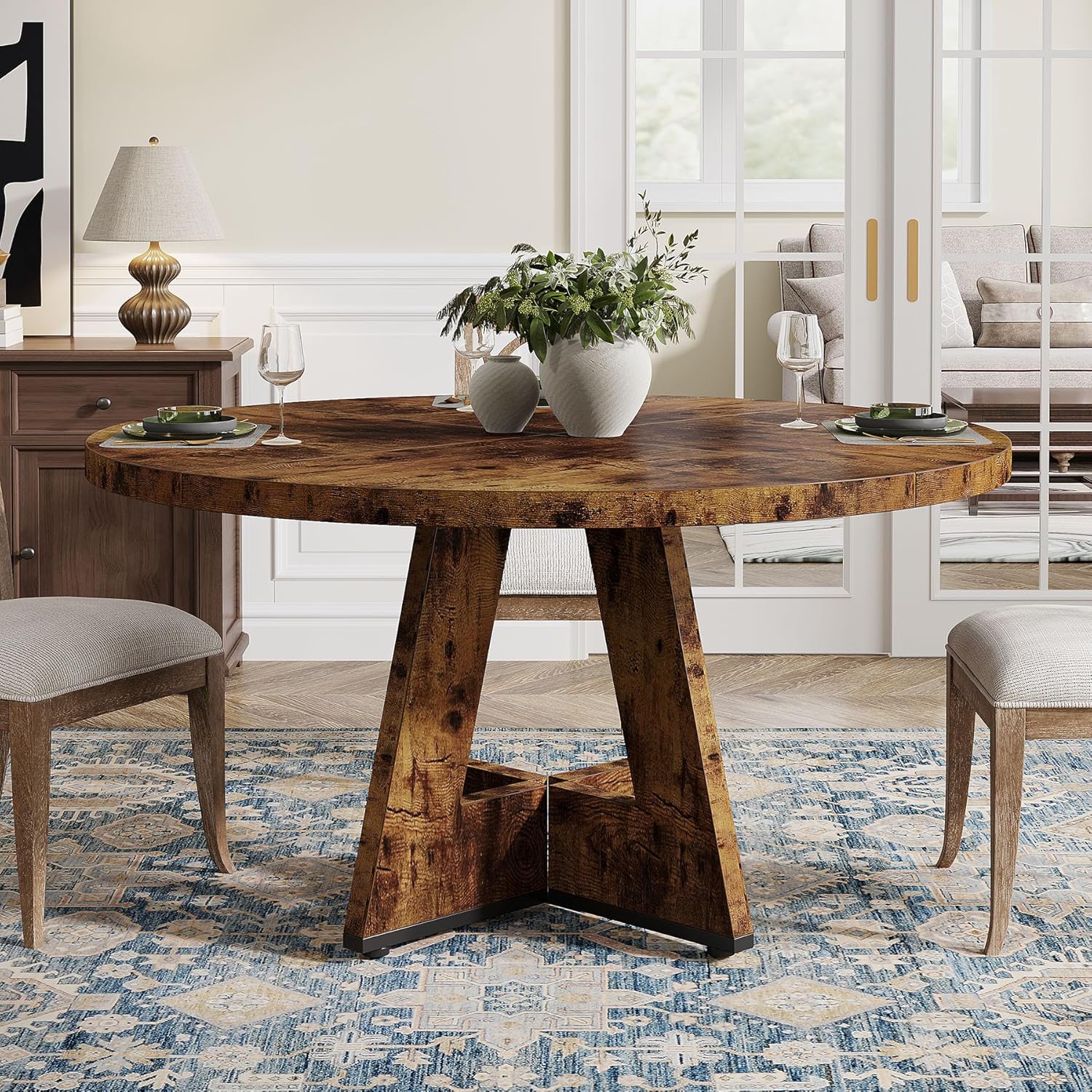 47-Inch Round Farmhouse Dining Table for 4–6 with Cross-Style Pedestal Base - Image 66