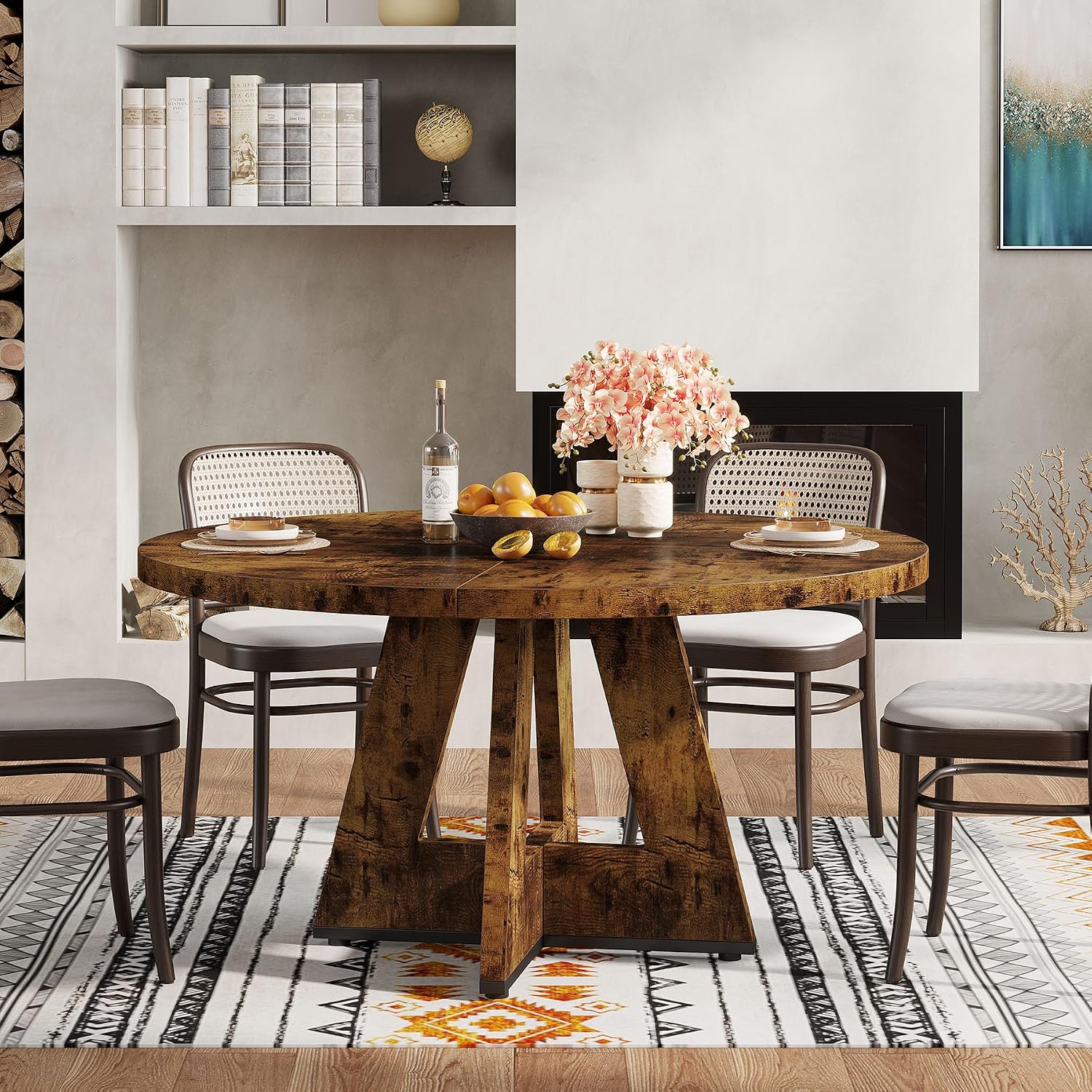 47-Inch Round Farmhouse Dining Table for 4–6 with Cross-Style Pedestal Base - Image 67