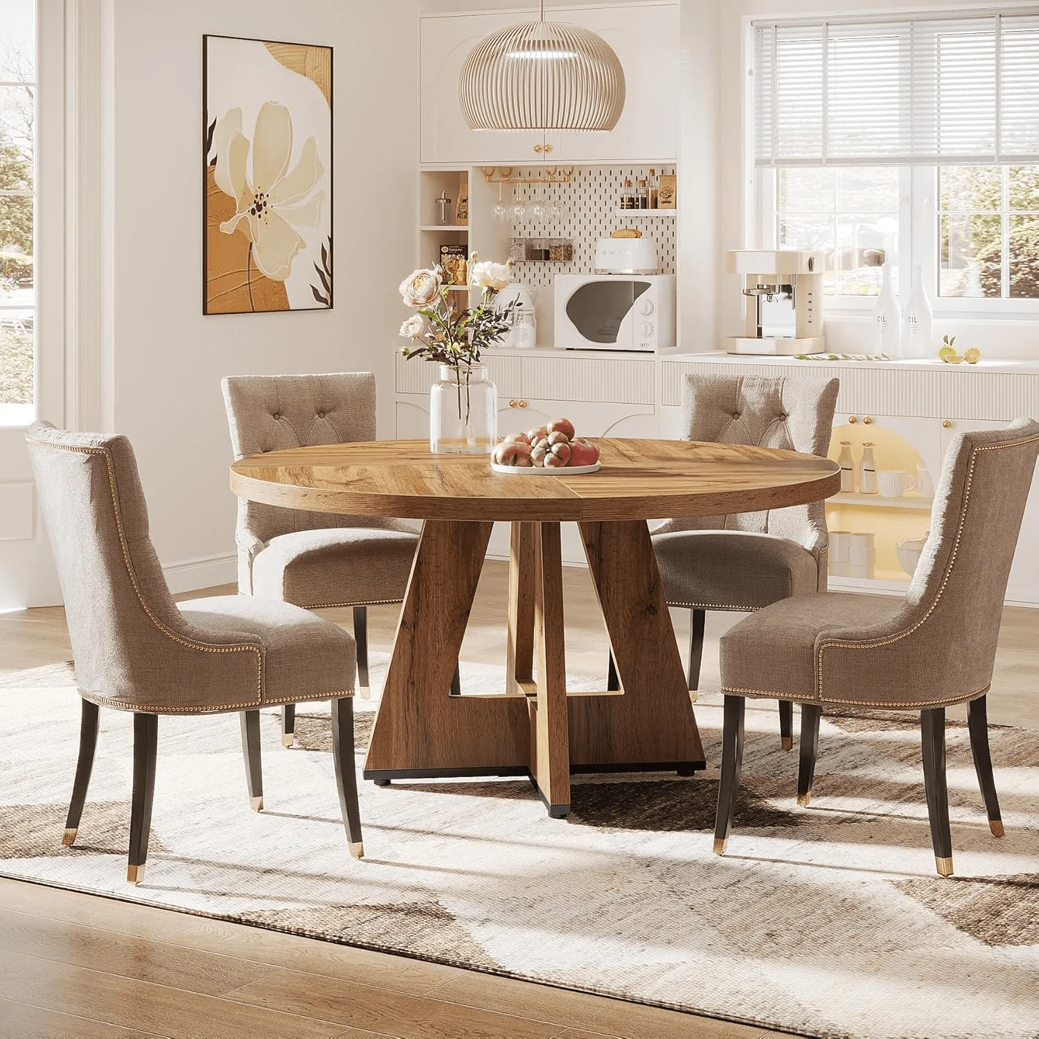 47-Inch Round Farmhouse Dining Table for 4–6 with Cross-Style Pedestal Base - Image 7