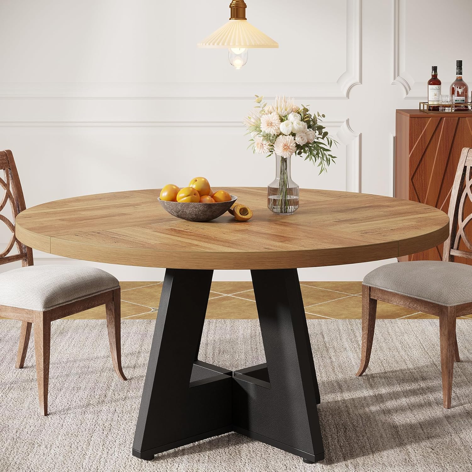 47-Inch Round Farmhouse Dining Table for 4–6 with Cross-Style Pedestal Base - Image 70