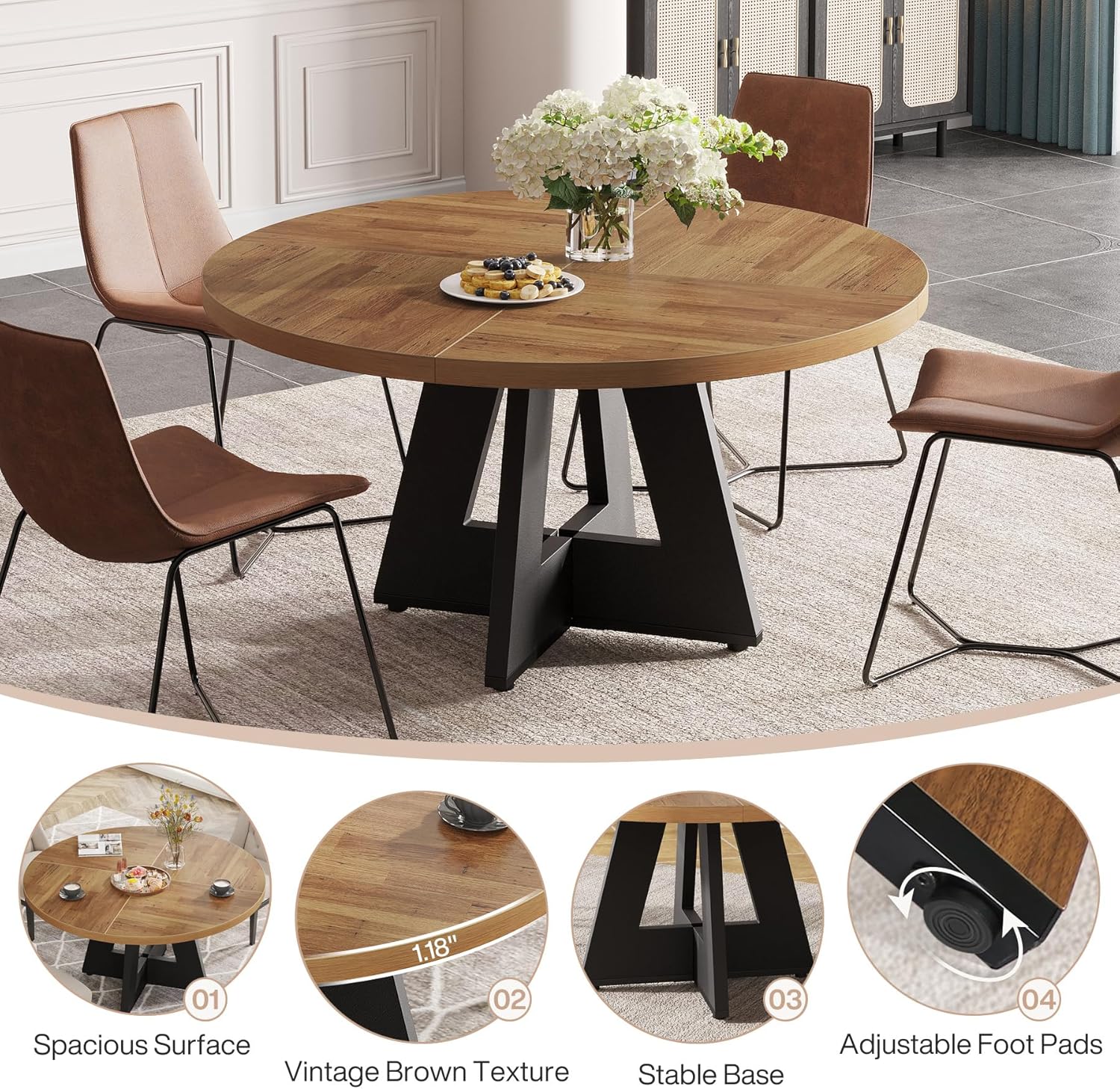 47-Inch Round Farmhouse Dining Table for 4–6 with Cross-Style Pedestal Base - Image 72