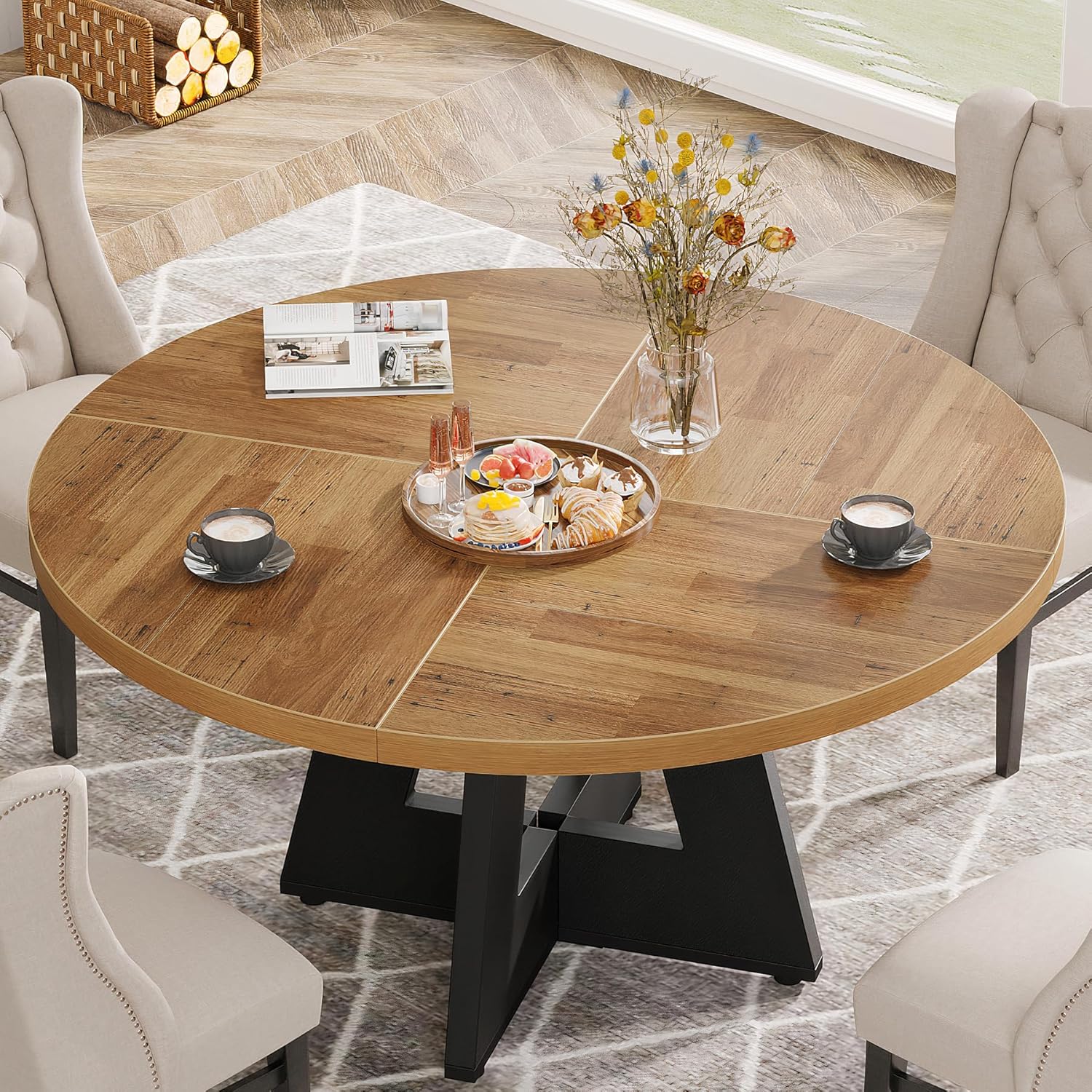 47-Inch Round Farmhouse Dining Table for 4–6 with Cross-Style Pedestal Base - Image 74