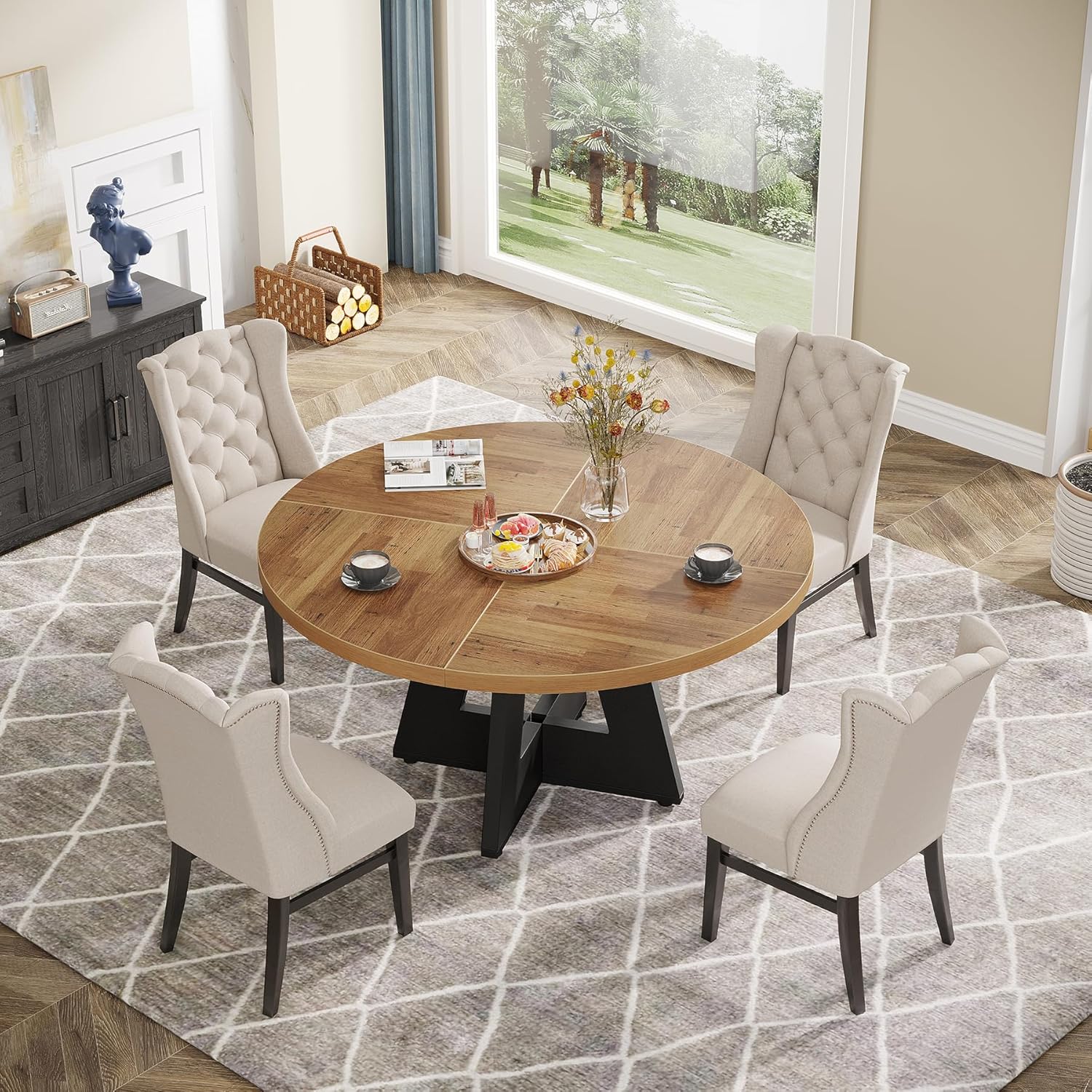 47-Inch Round Farmhouse Dining Table for 4–6 with Cross-Style Pedestal Base - Image 76