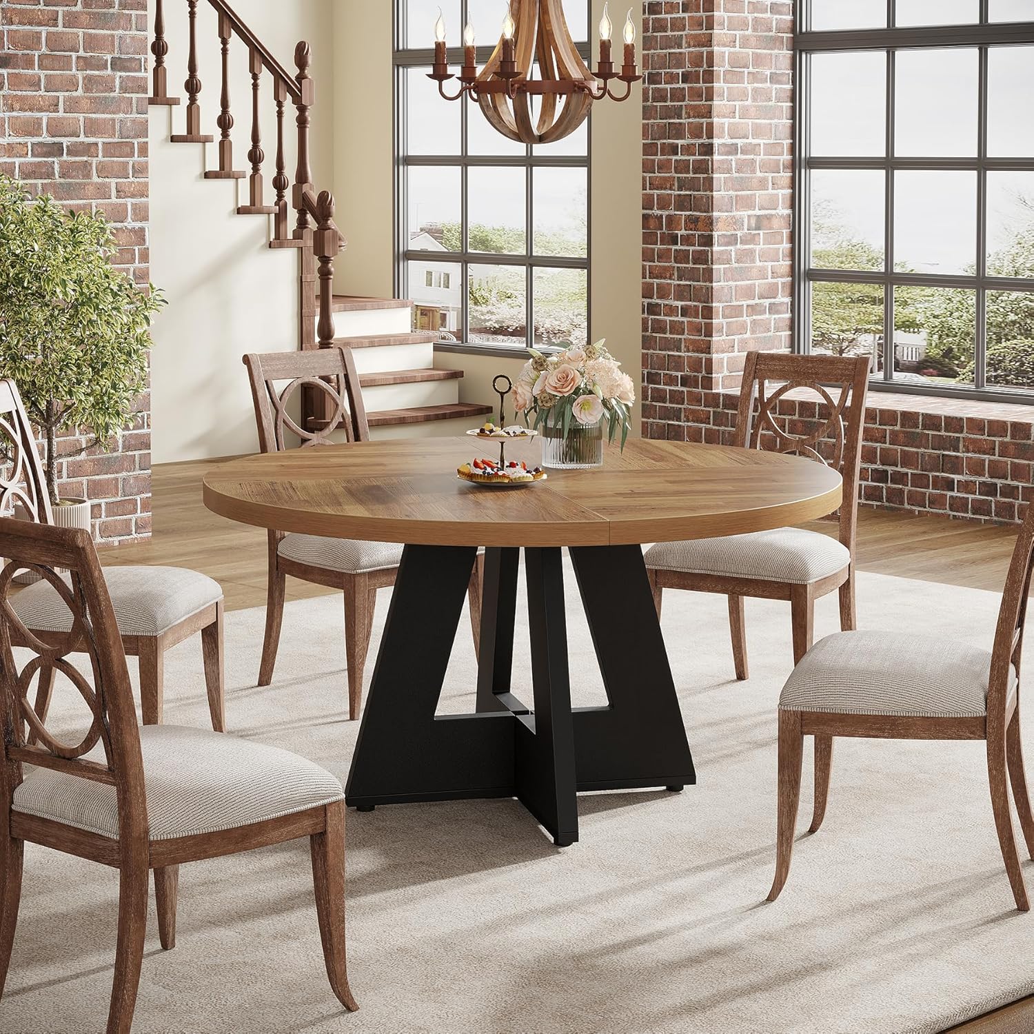 47-Inch Round Farmhouse Dining Table for 4–6 with Cross-Style Pedestal Base - Image 78