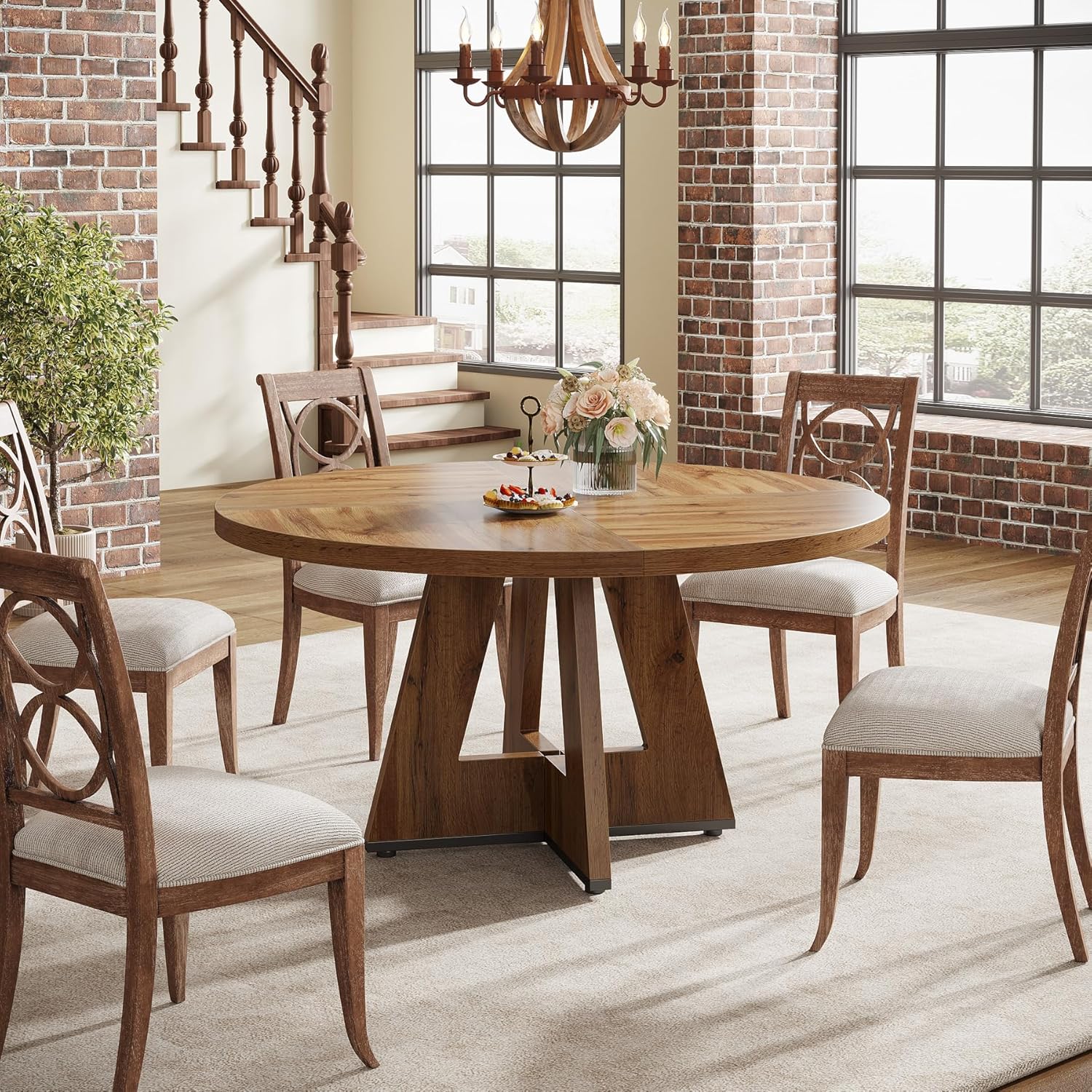 47-Inch Round Farmhouse Dining Table for 4–6 with Cross-Style Pedestal Base - Image 8