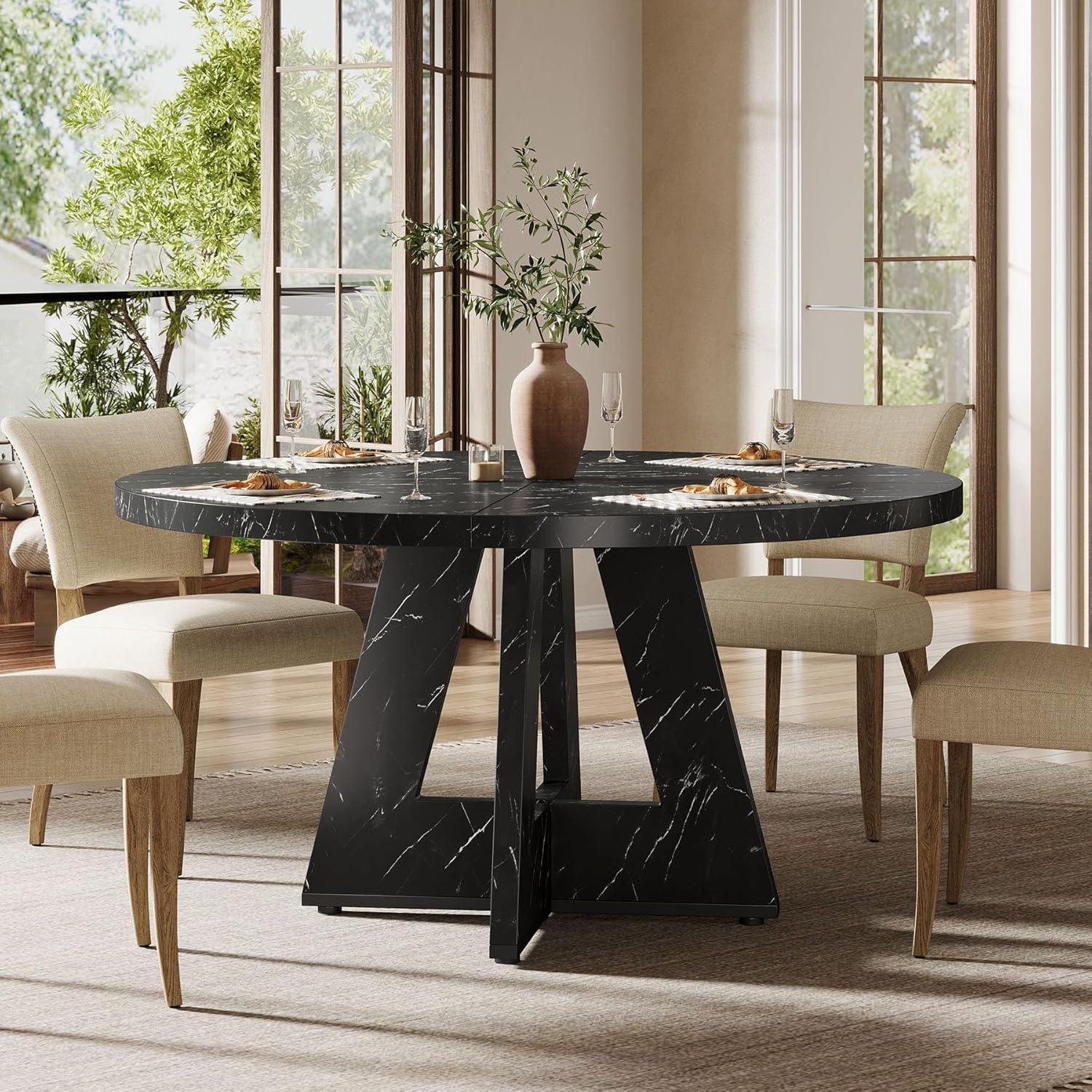 47-Inch Round Farmhouse Dining Table for 4–6 with Cross-Style Pedestal Base - Image 84