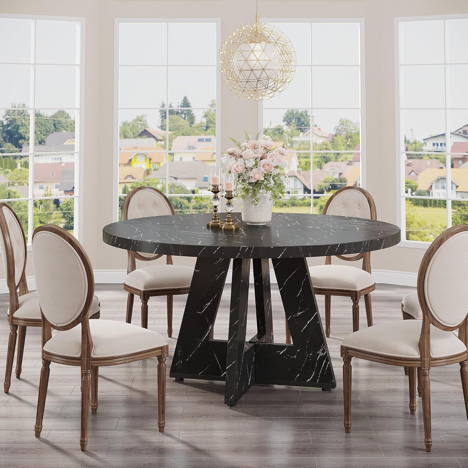 47-Inch Round Farmhouse Dining Table for 4–6 with Cross-Style Pedestal Base - Image 85