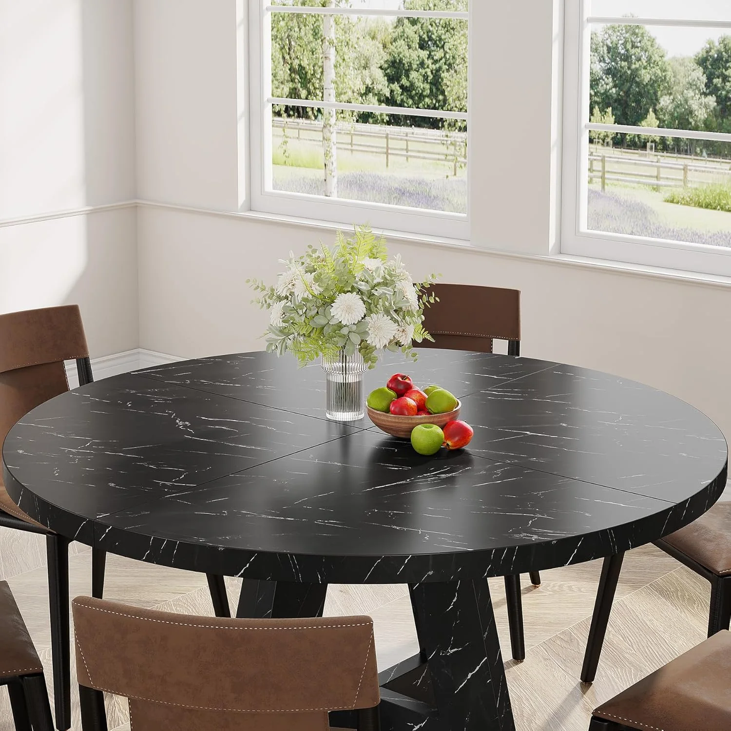 47-Inch Round Farmhouse Dining Table for 4–6 with Cross-Style Pedestal Base - Image 86