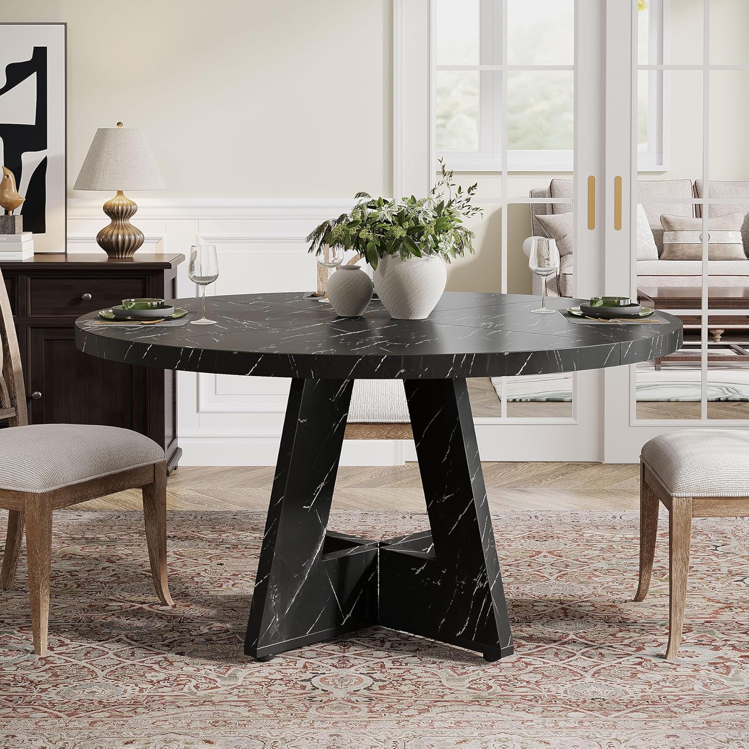 47-Inch Round Farmhouse Dining Table for 4–6 with Cross-Style Pedestal Base - Image 88
