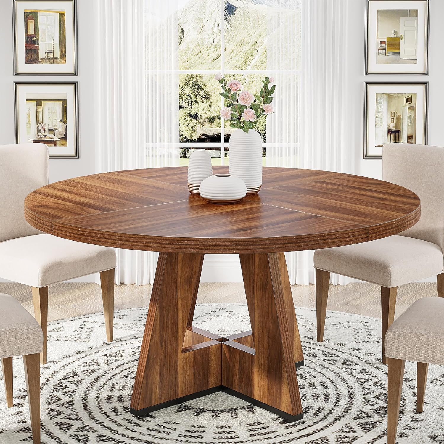 47-Inch Round Farmhouse Dining Table for 4–6 with Cross-Style Pedestal Base - Image 9