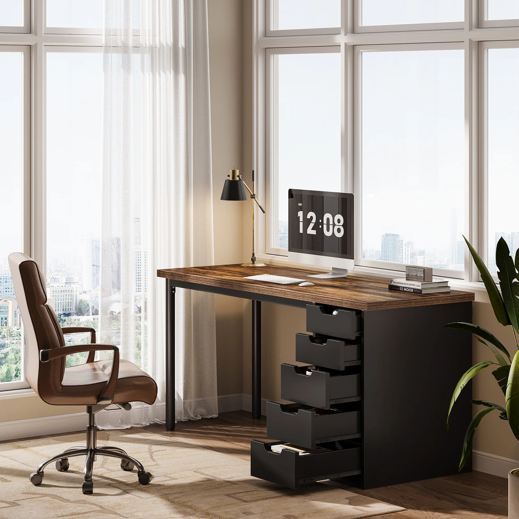 Tribesigns 47" Computer Desk with 5 Reversible Drawers, Rustic Home Office Workstation - Image 11