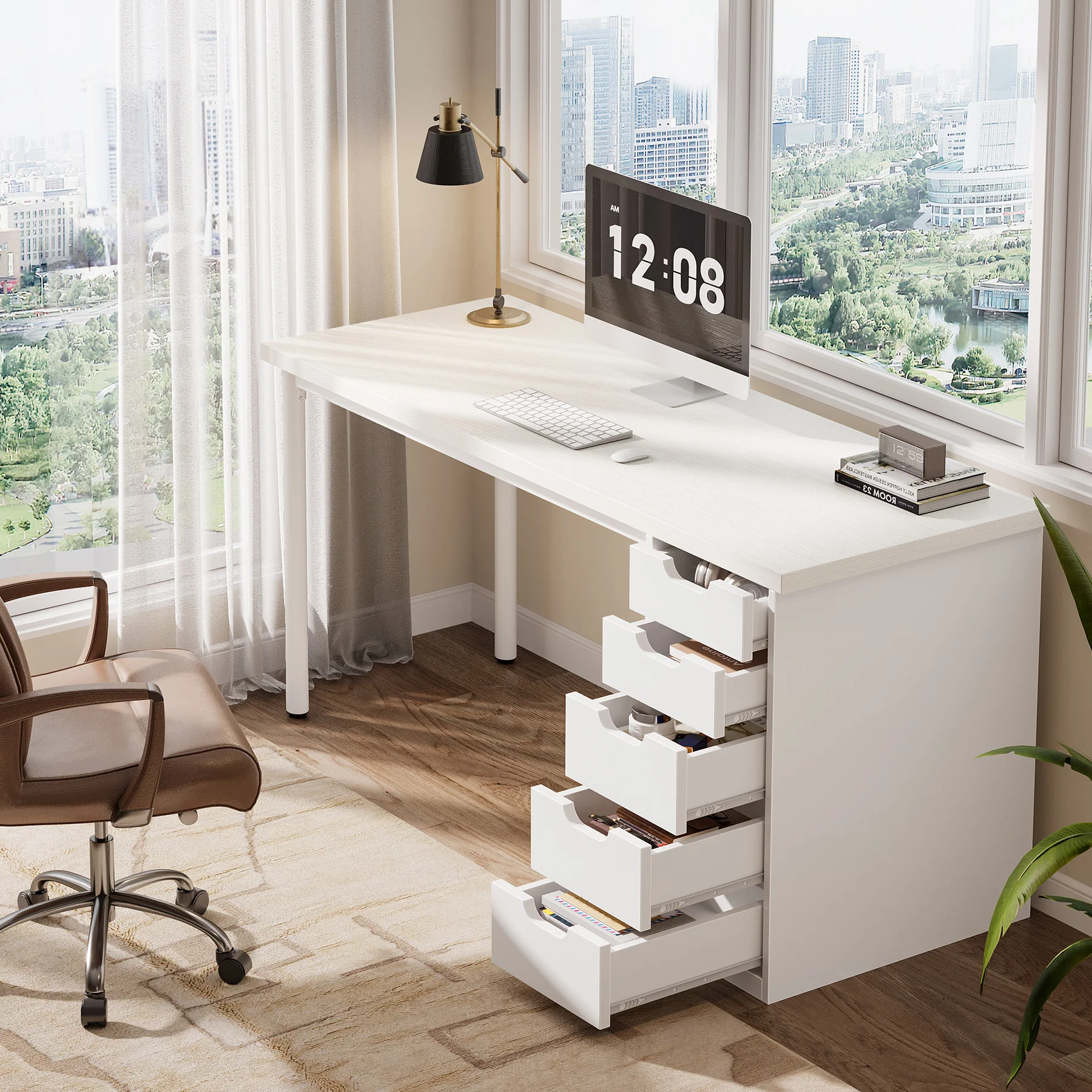 Tribesigns 47" Computer Desk with 5 Reversible Drawers, Rustic Home Office Workstation - Image 17