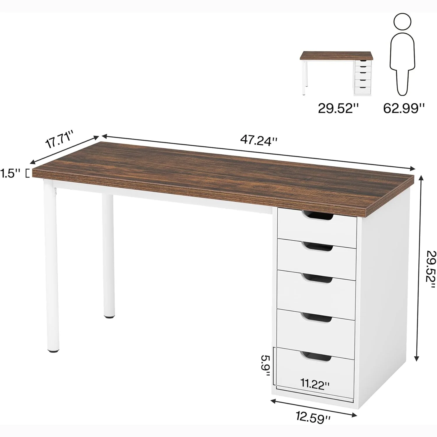 Tribesigns 47" Computer Desk with 5 Reversible Drawers, Rustic Home Office Workstation - Image 2