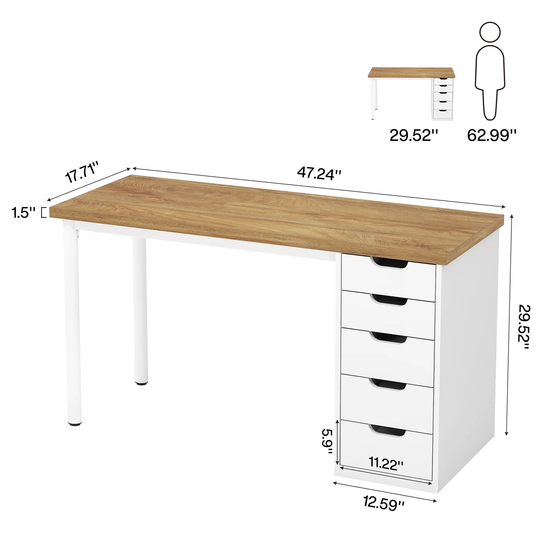 Tribesigns 47" Computer Desk with 5 Reversible Drawers, Rustic Home Office Workstation - Image 26