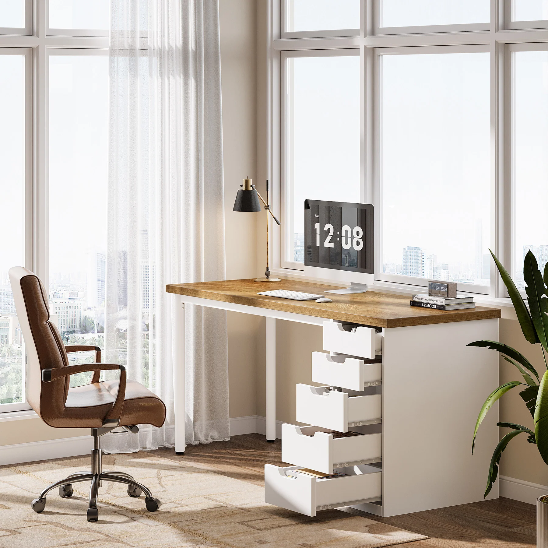 Tribesigns 47" Computer Desk with 5 Reversible Drawers, Rustic Home Office Workstation - Image 27