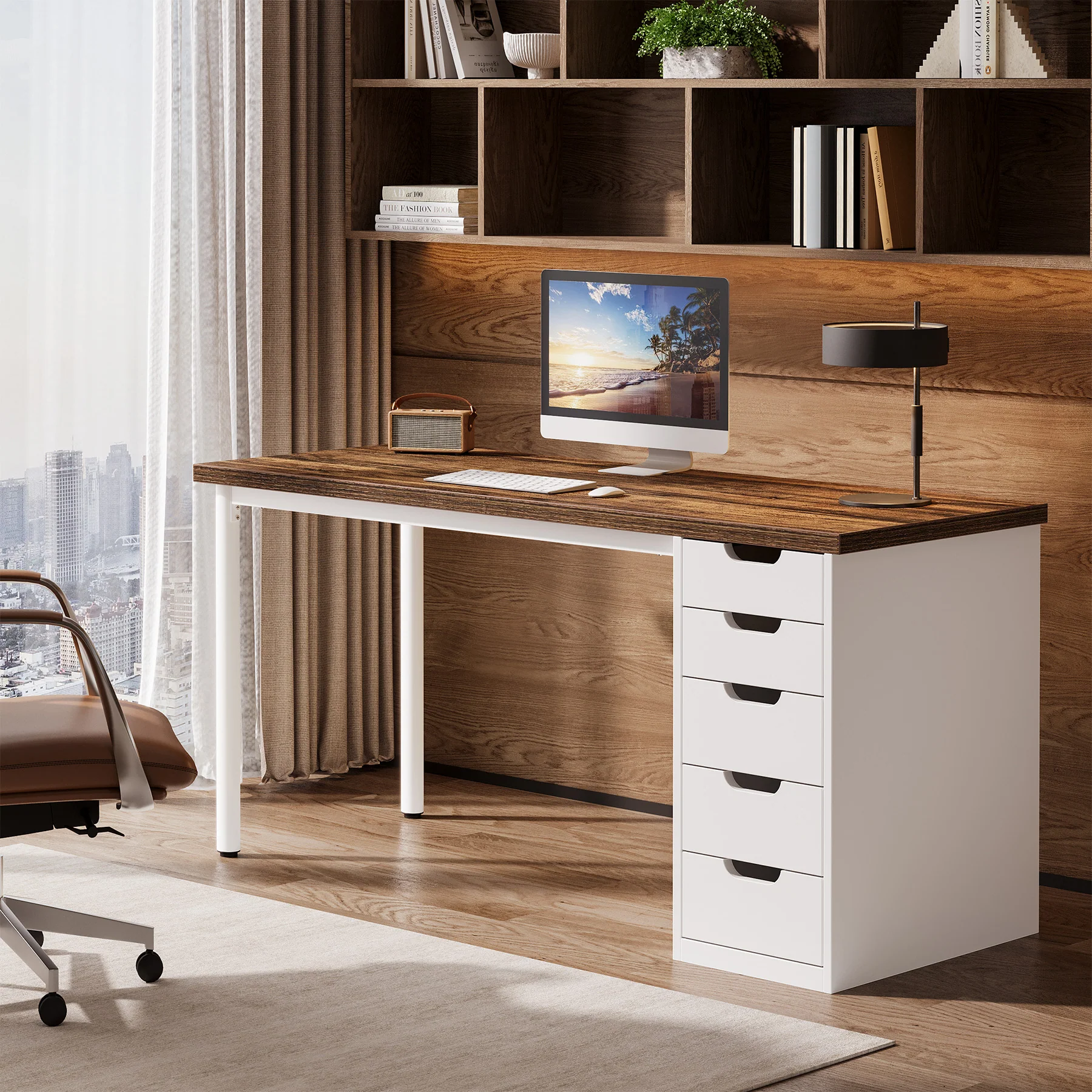 Tribesigns 47" Computer Desk with 5 Reversible Drawers, Rustic Home Office Workstation - Image 3
