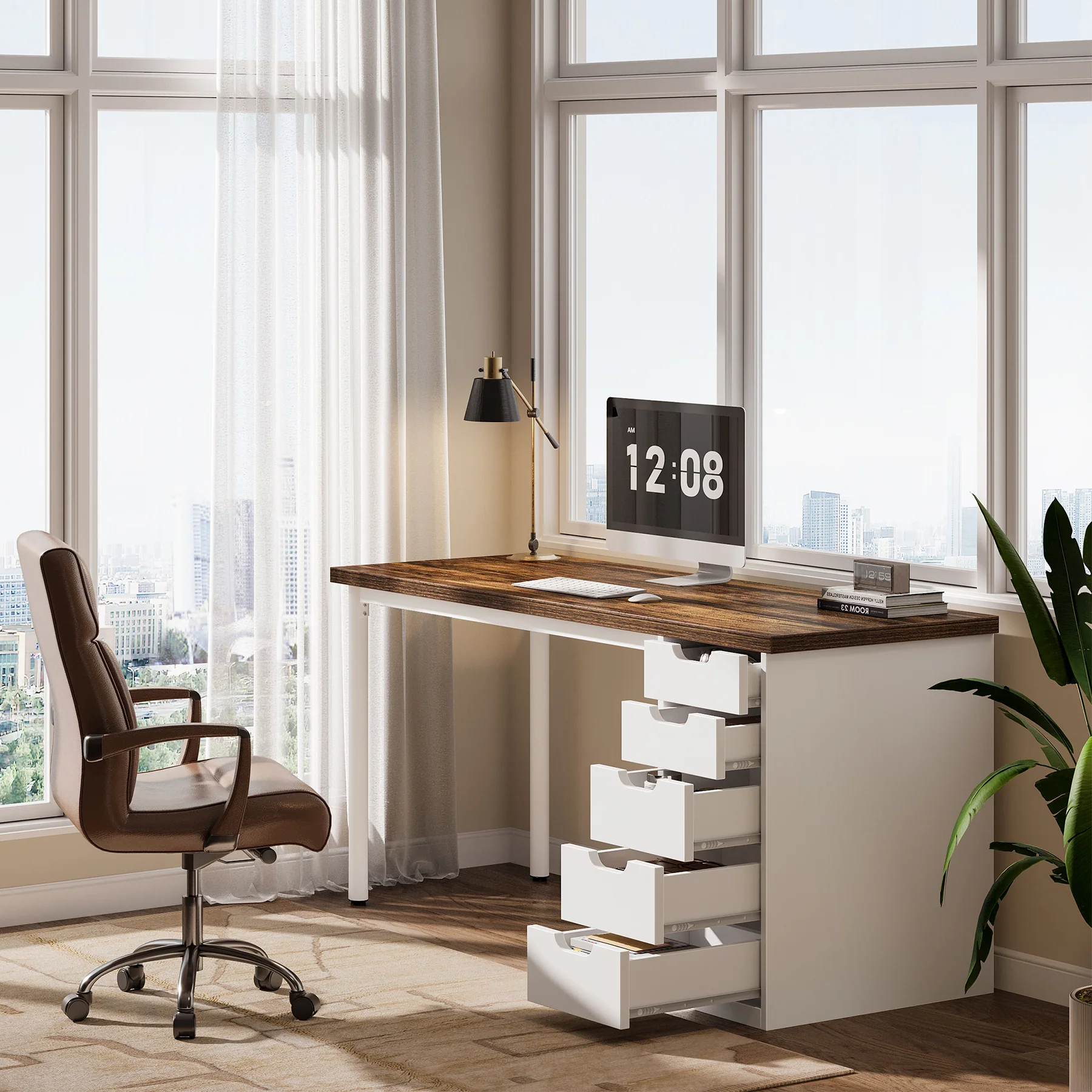 Tribesigns 47" Computer Desk with 5 Reversible Drawers, Rustic Home Office Workstation - Image 4