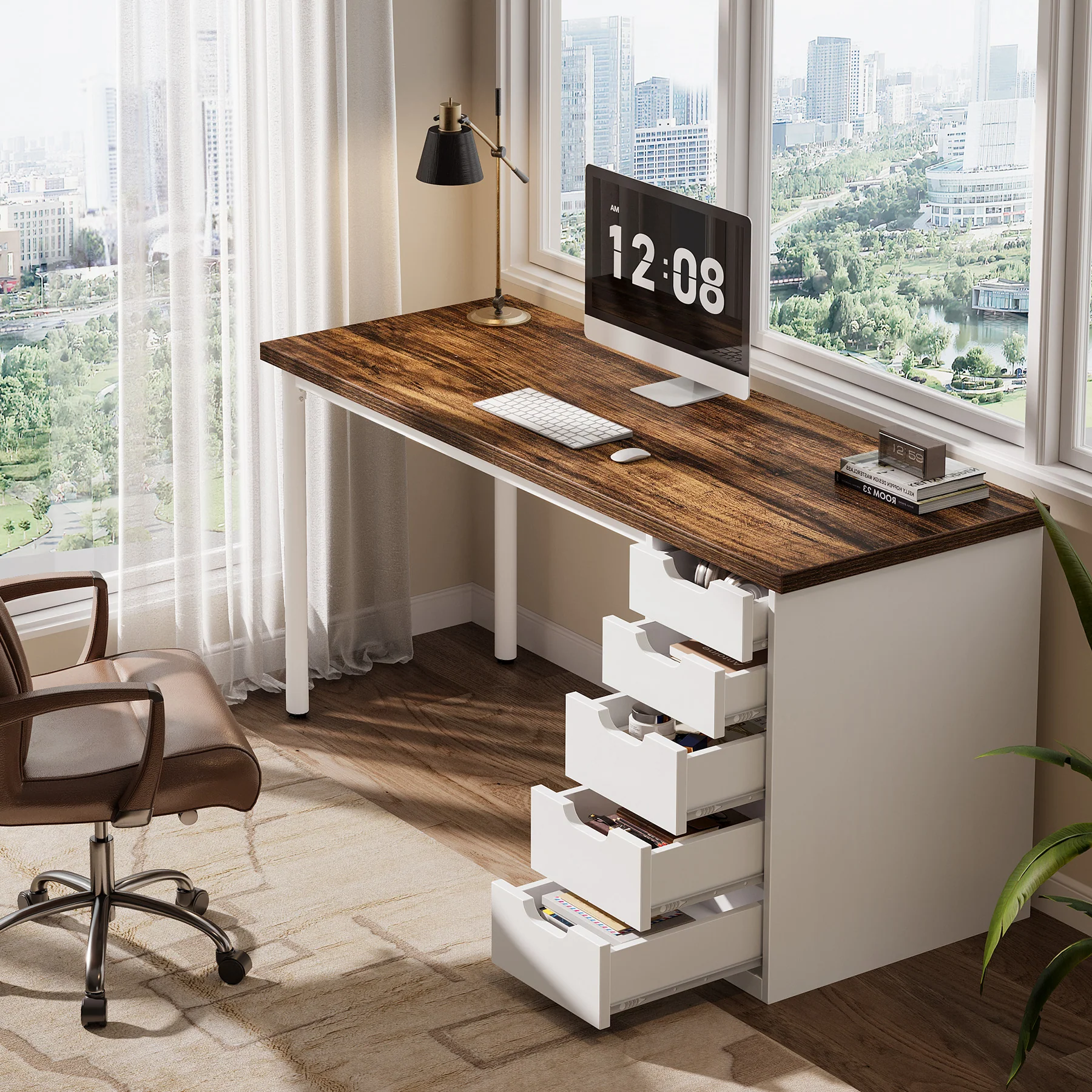 Tribesigns 47" Computer Desk with 5 Reversible Drawers, Rustic Home Office Workstation - Image 5