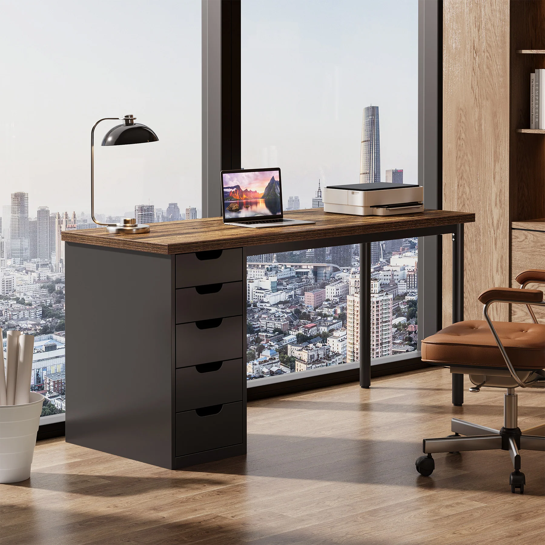 Tribesigns 47" Computer Desk with 5 Reversible Drawers, Rustic Home Office Workstation - Image 6