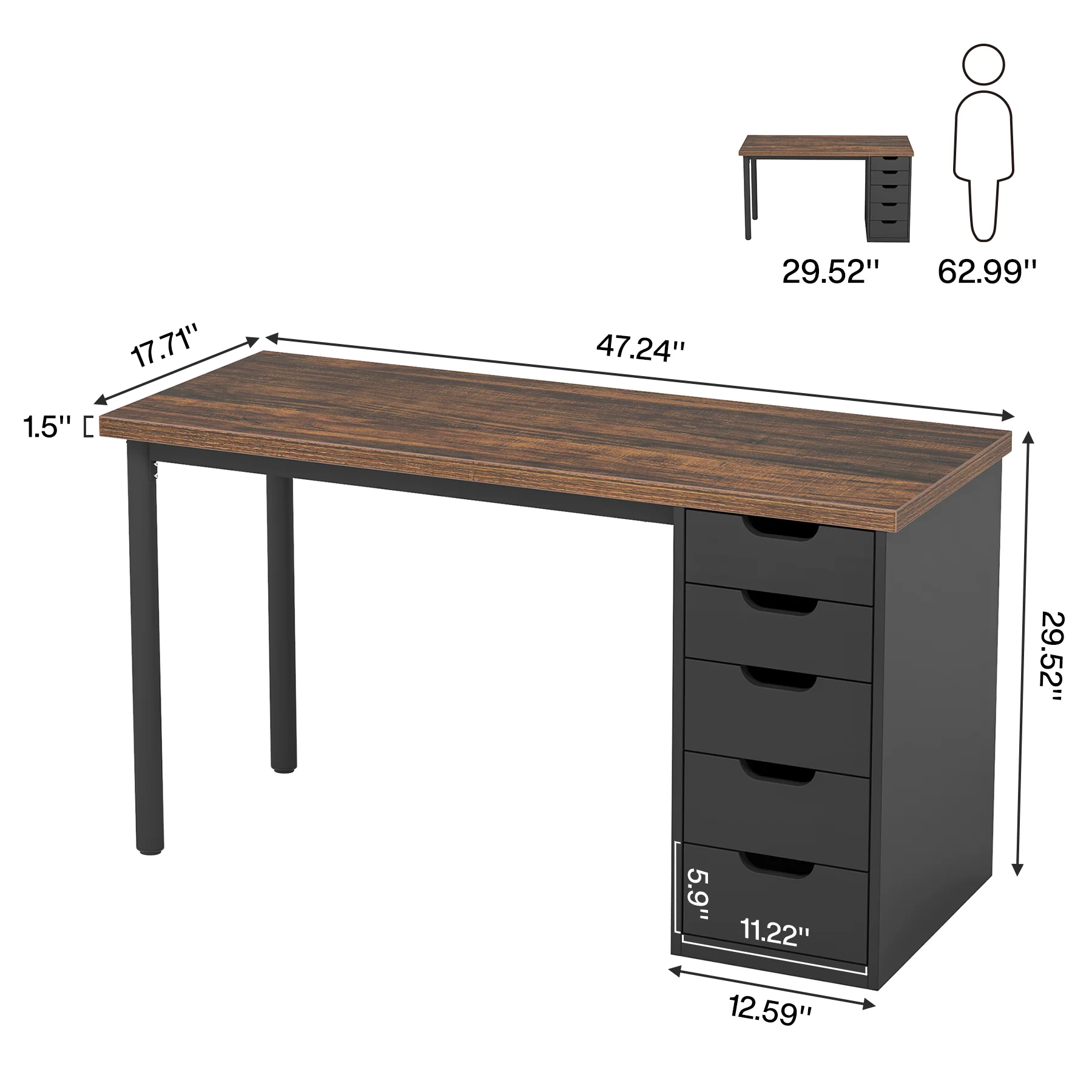 Tribesigns 47" Computer Desk with 5 Reversible Drawers, Rustic Home Office Workstation - Image 7