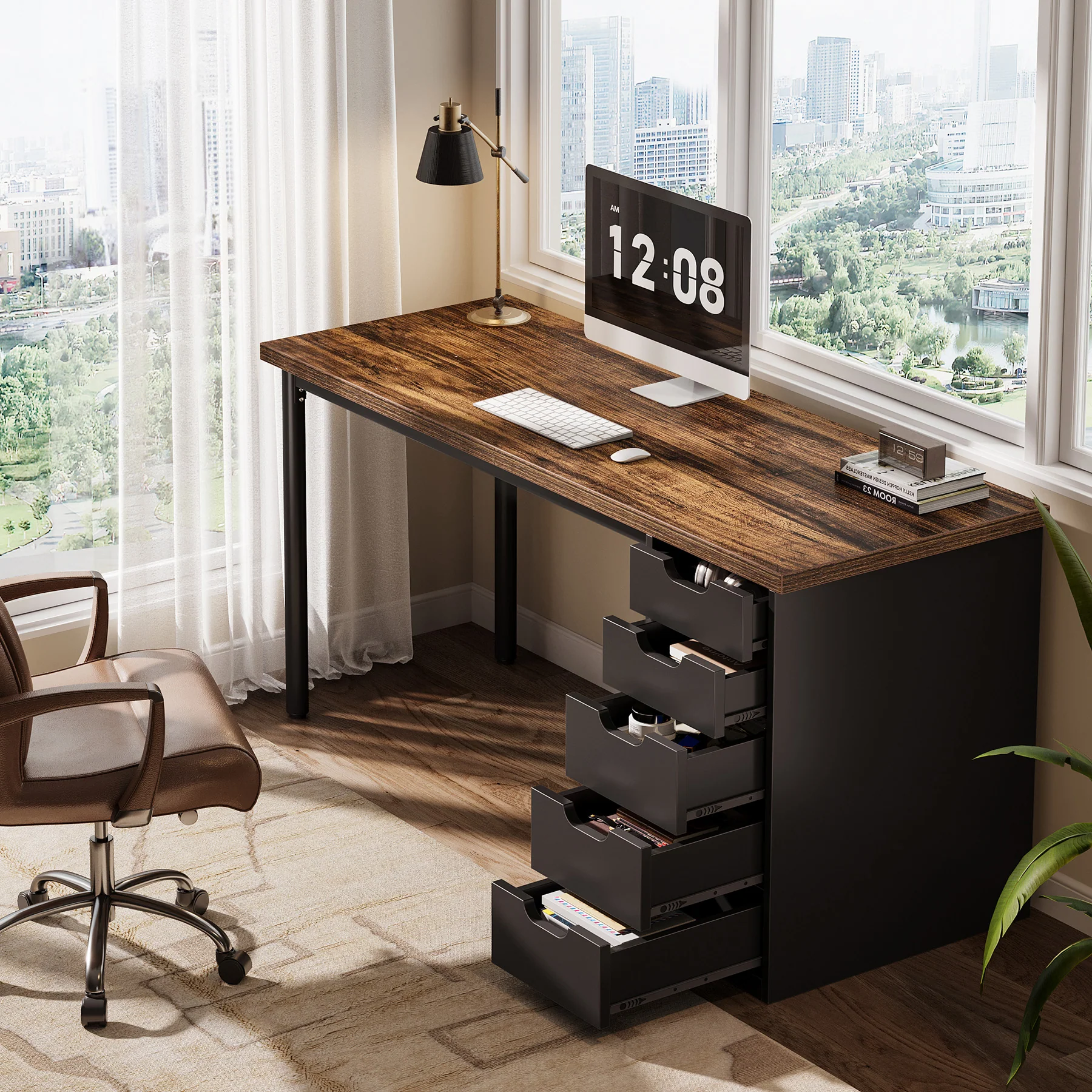 Tribesigns 47" Computer Desk with 5 Reversible Drawers, Rustic Home Office Workstation - Image 8