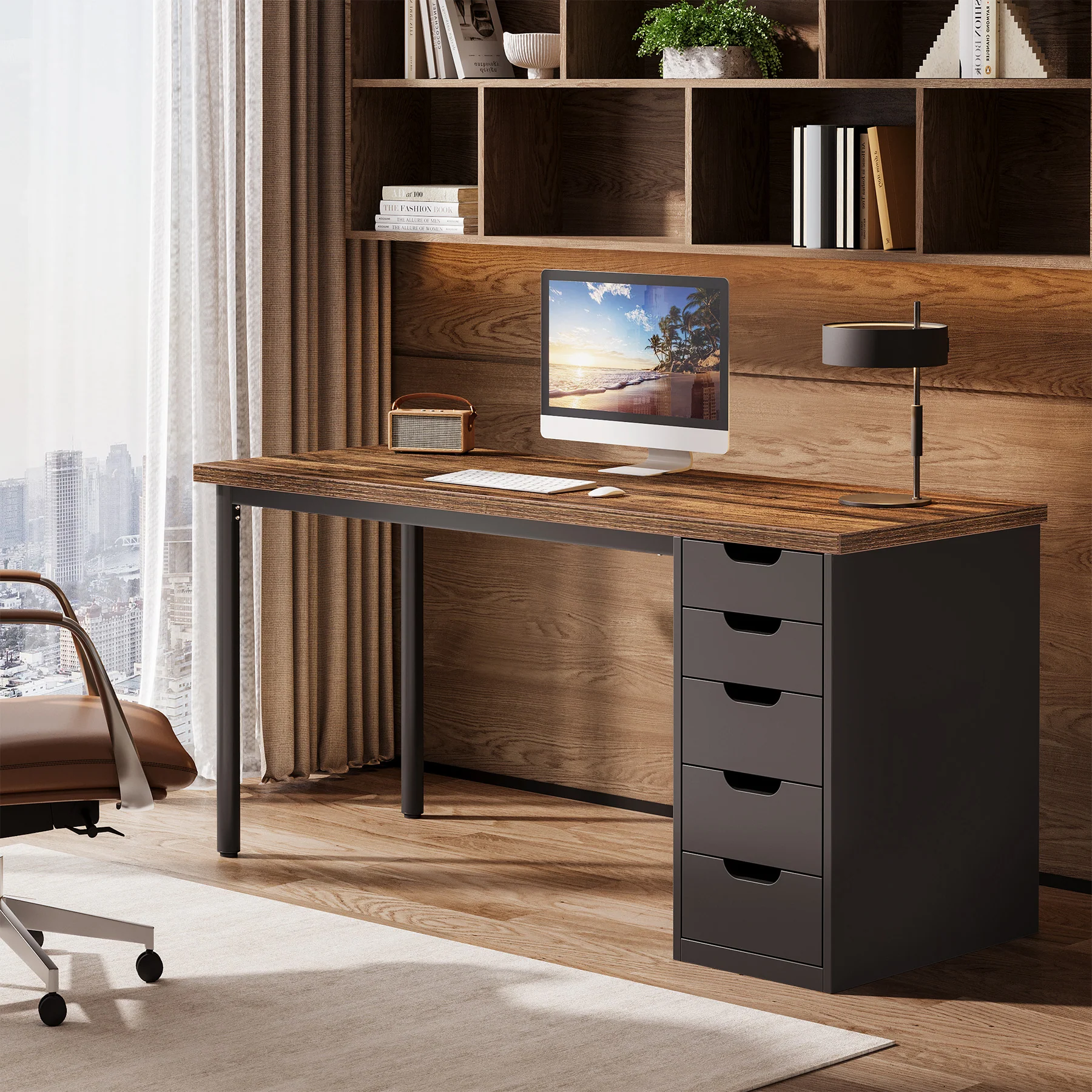 Tribesigns 47" Computer Desk with 5 Reversible Drawers, Rustic Home Office Workstation - Image 9