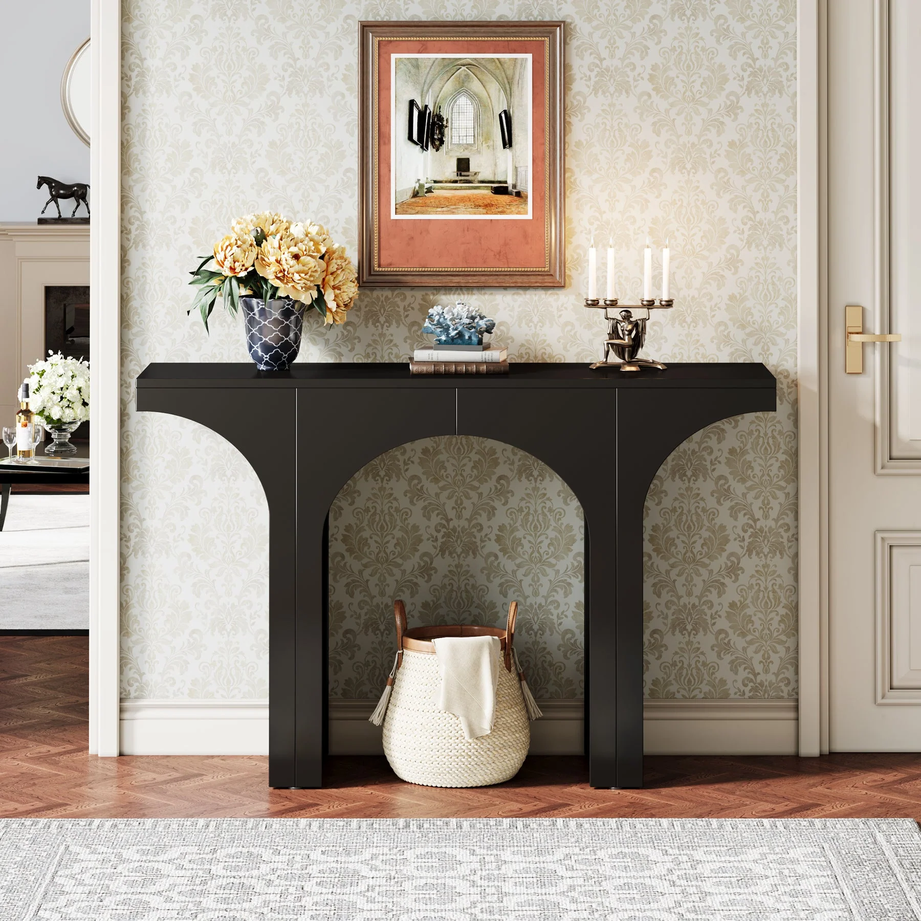 47" Console Table, Wooden Entryway Table Sofa Table with Arch Base - Image 4