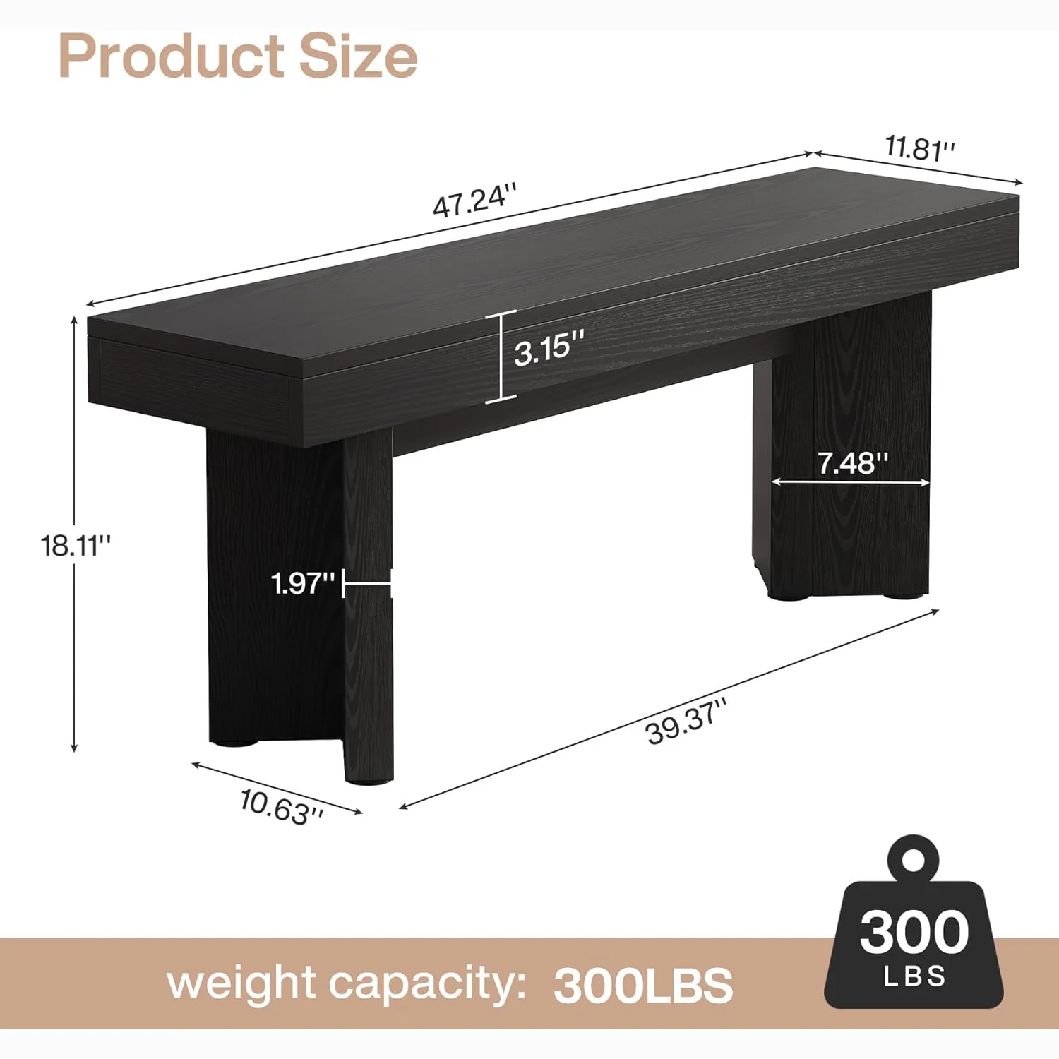 47" Wooden End of Bed Bench, Farmhouse Bedroom Bench - Image 8