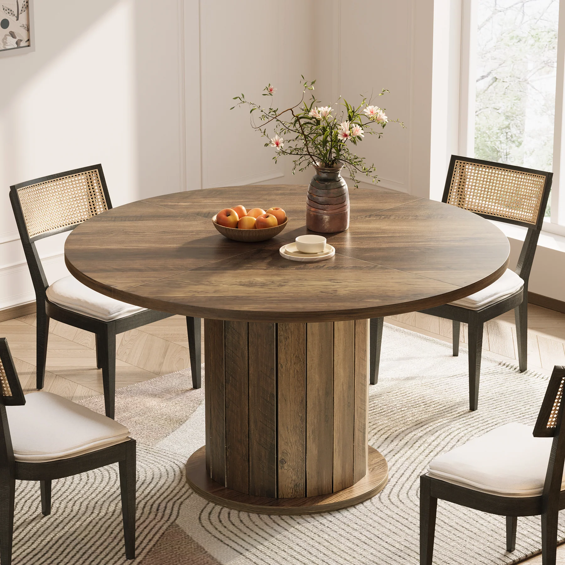 47" Round Dining Table with Pedestal Base, Farmhouse Kitchen Table for 4-6 People