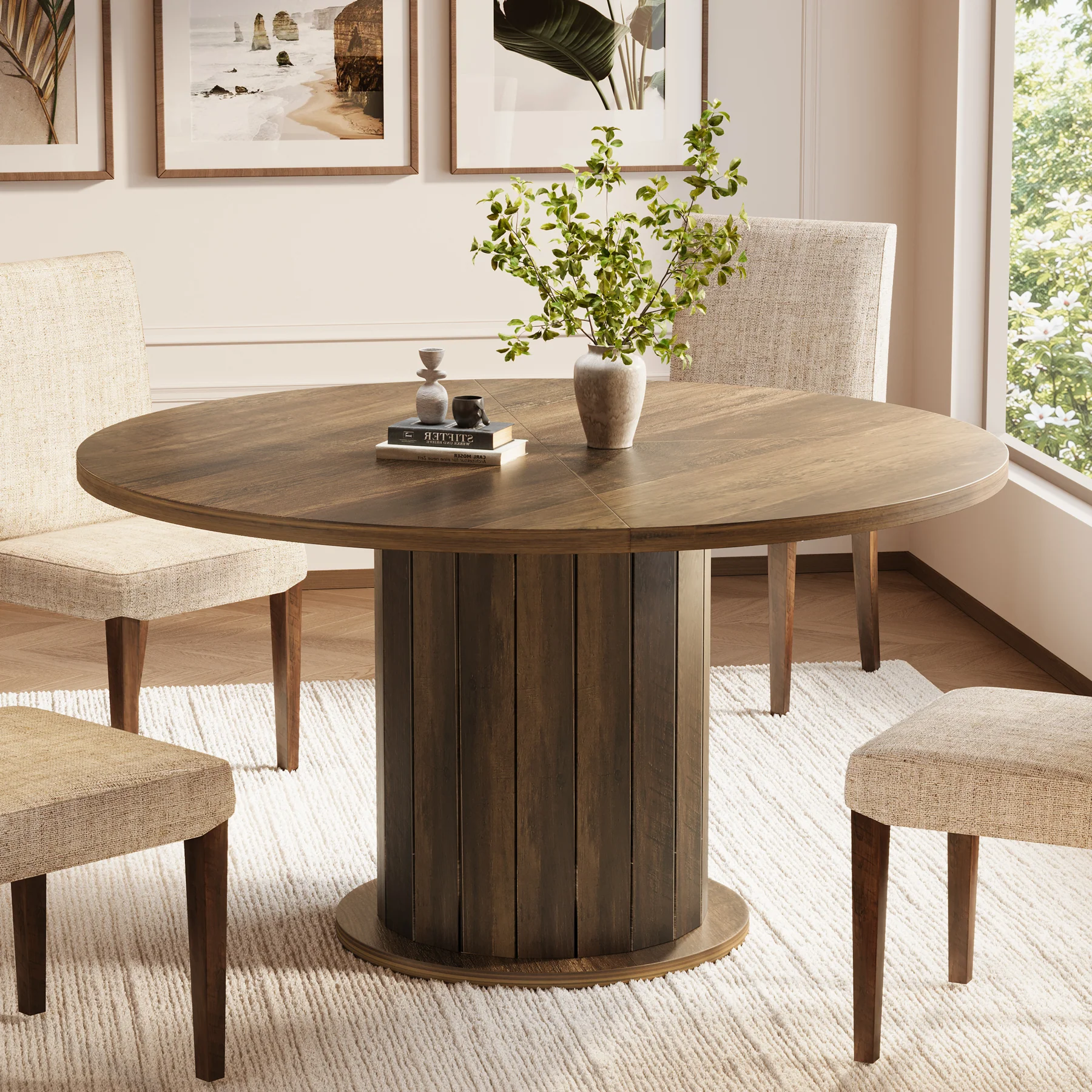 47" Round Dining Table with Pedestal Base, Farmhouse Kitchen Table for 4-6 People - Image 4