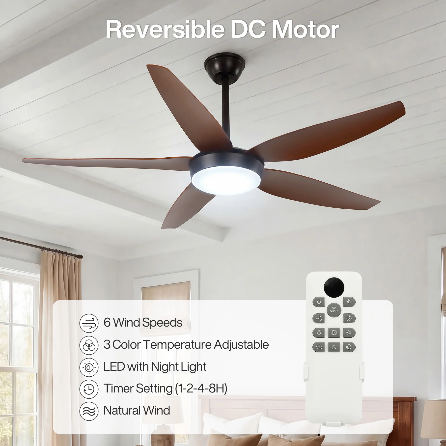 5 Blades Ceiling Fans with Dimmable LED Light and Remote Control - Image 3