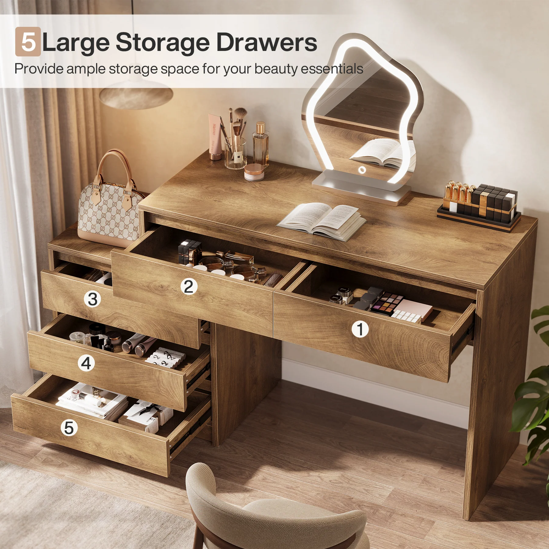 5-Drawer Makeup Vanity Desk, Modern Dressing Table with Cabinet - Image 7
