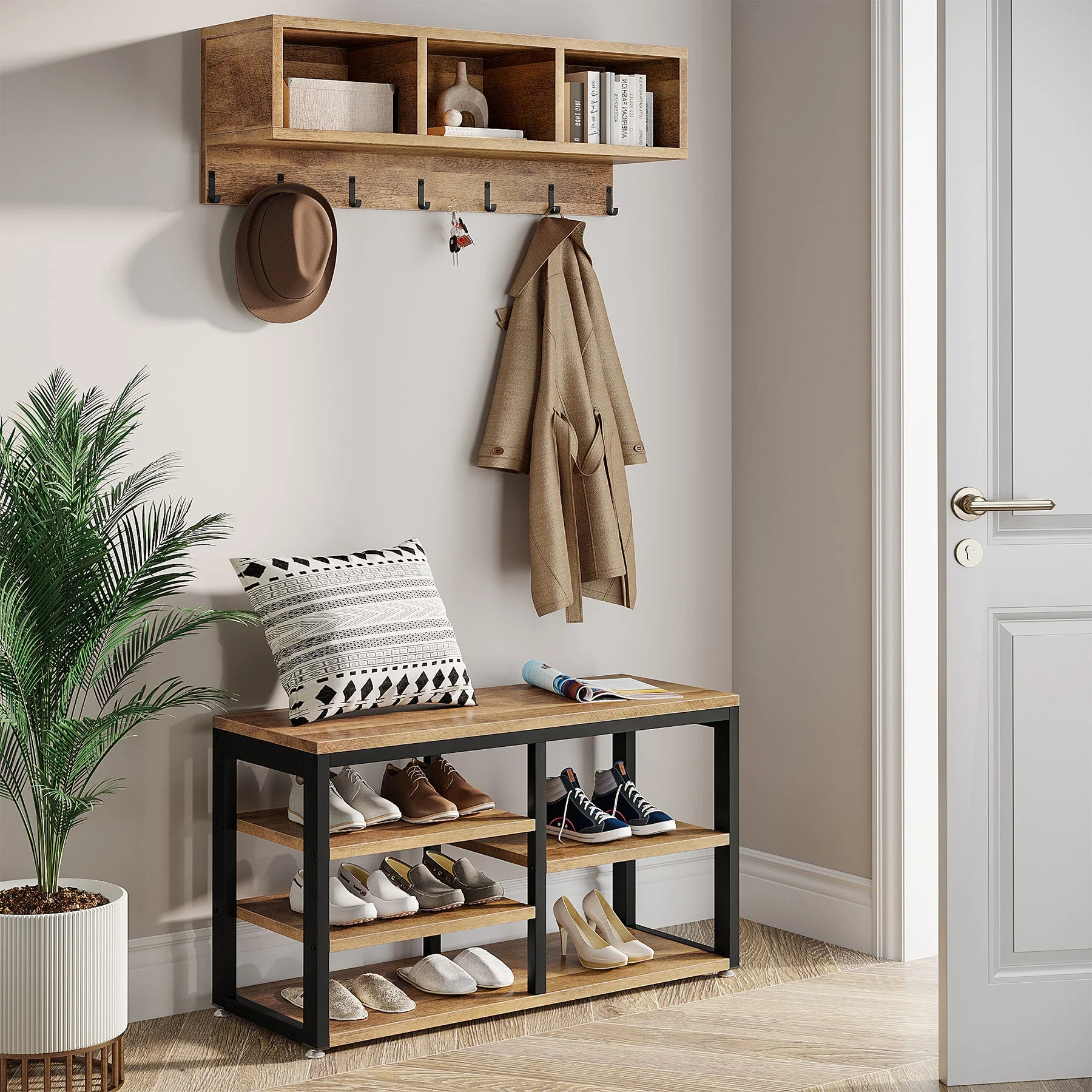 5 IN 1 Hall Tree Shoe Bench Set with Wall Mounted Shelf - Image 10