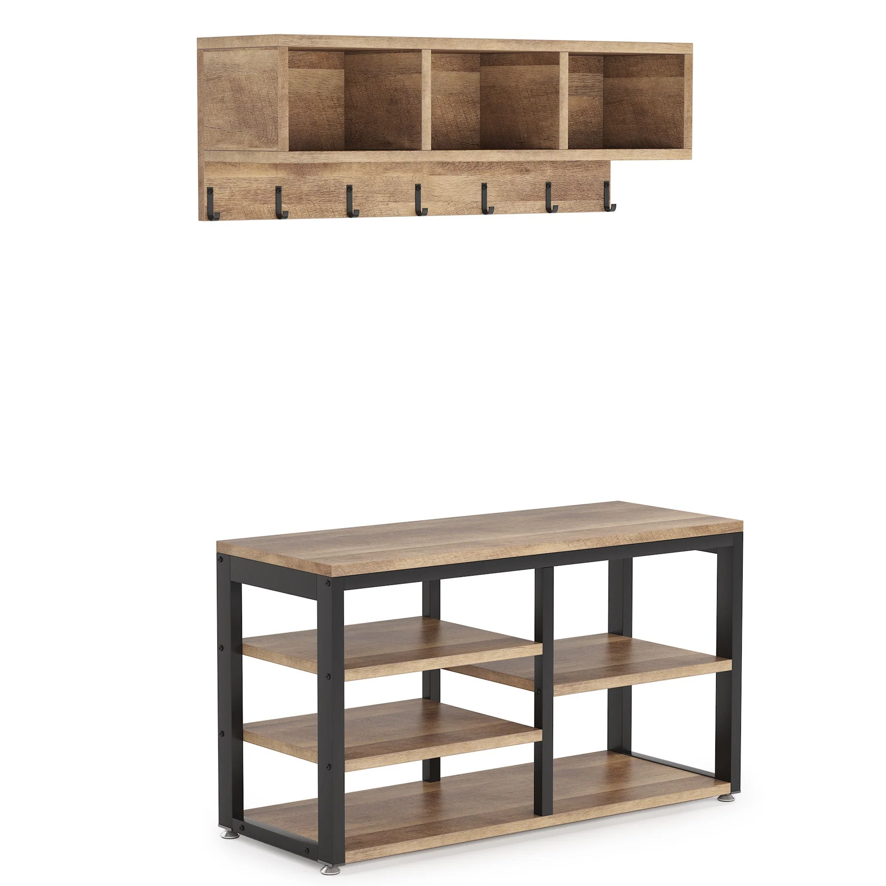 5 IN 1 Hall Tree Shoe Bench Set with Wall Mounted Shelf - Image 11