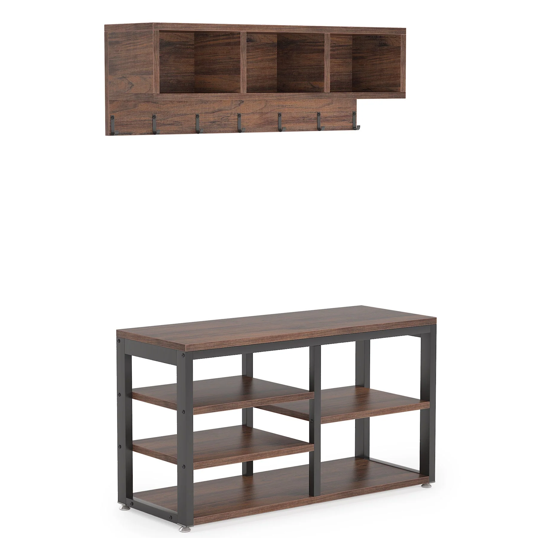 5 IN 1 Hall Tree Shoe Bench Set with Wall Mounted Shelf - Image 12