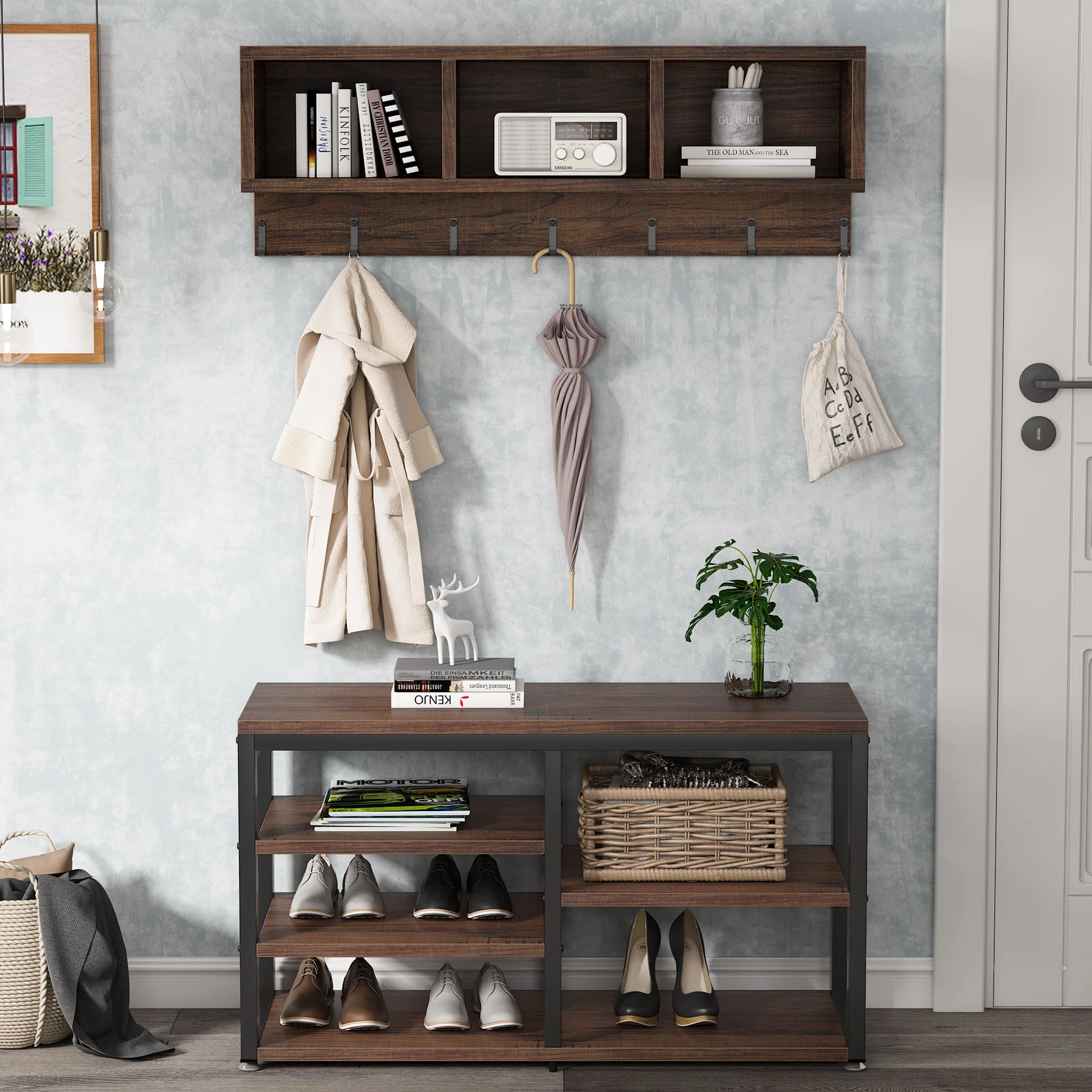 5 IN 1 Hall Tree Shoe Bench Set with Wall Mounted Shelf - Image 3