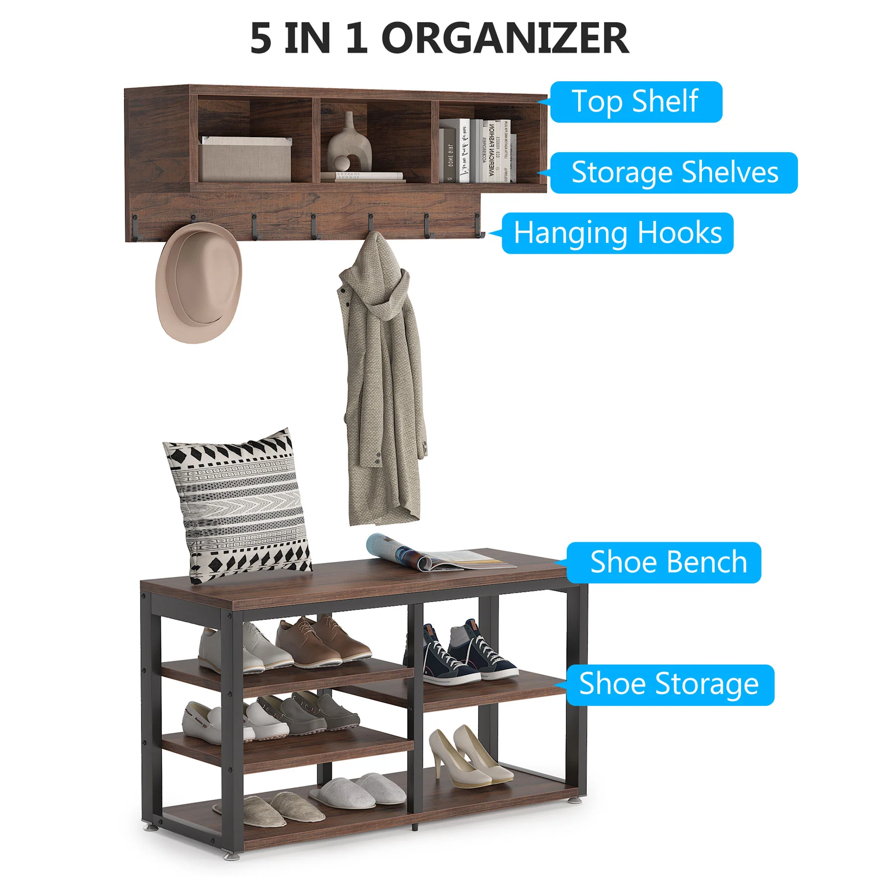 5 IN 1 Hall Tree Shoe Bench Set with Wall Mounted Shelf - Image 4