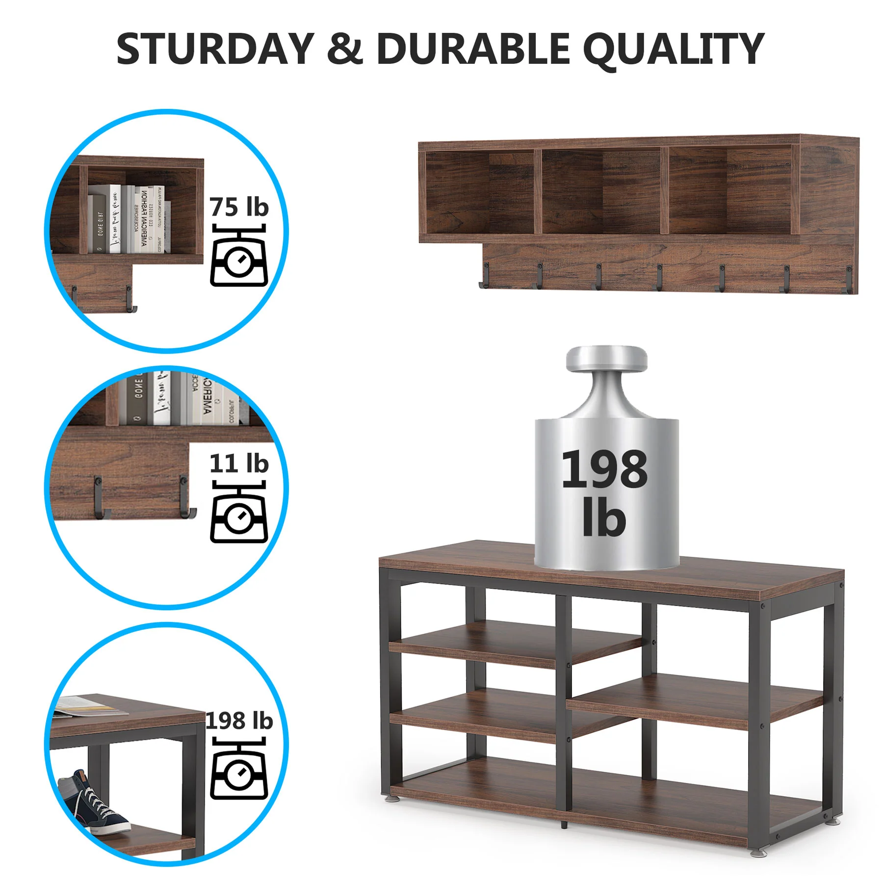 5 IN 1 Hall Tree Shoe Bench Set with Wall Mounted Shelf - Image 5