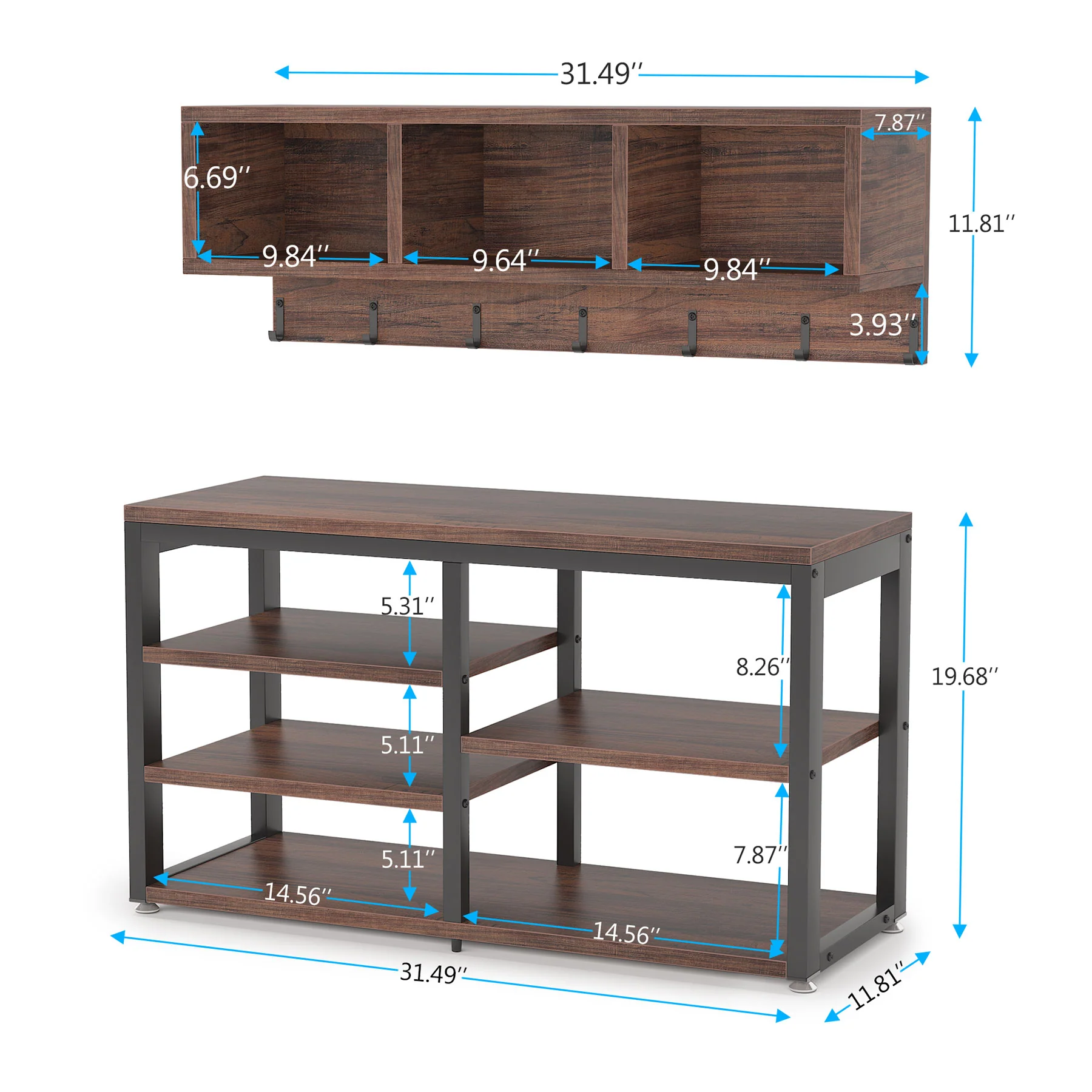 5 IN 1 Hall Tree Shoe Bench Set with Wall Mounted Shelf - Image 7