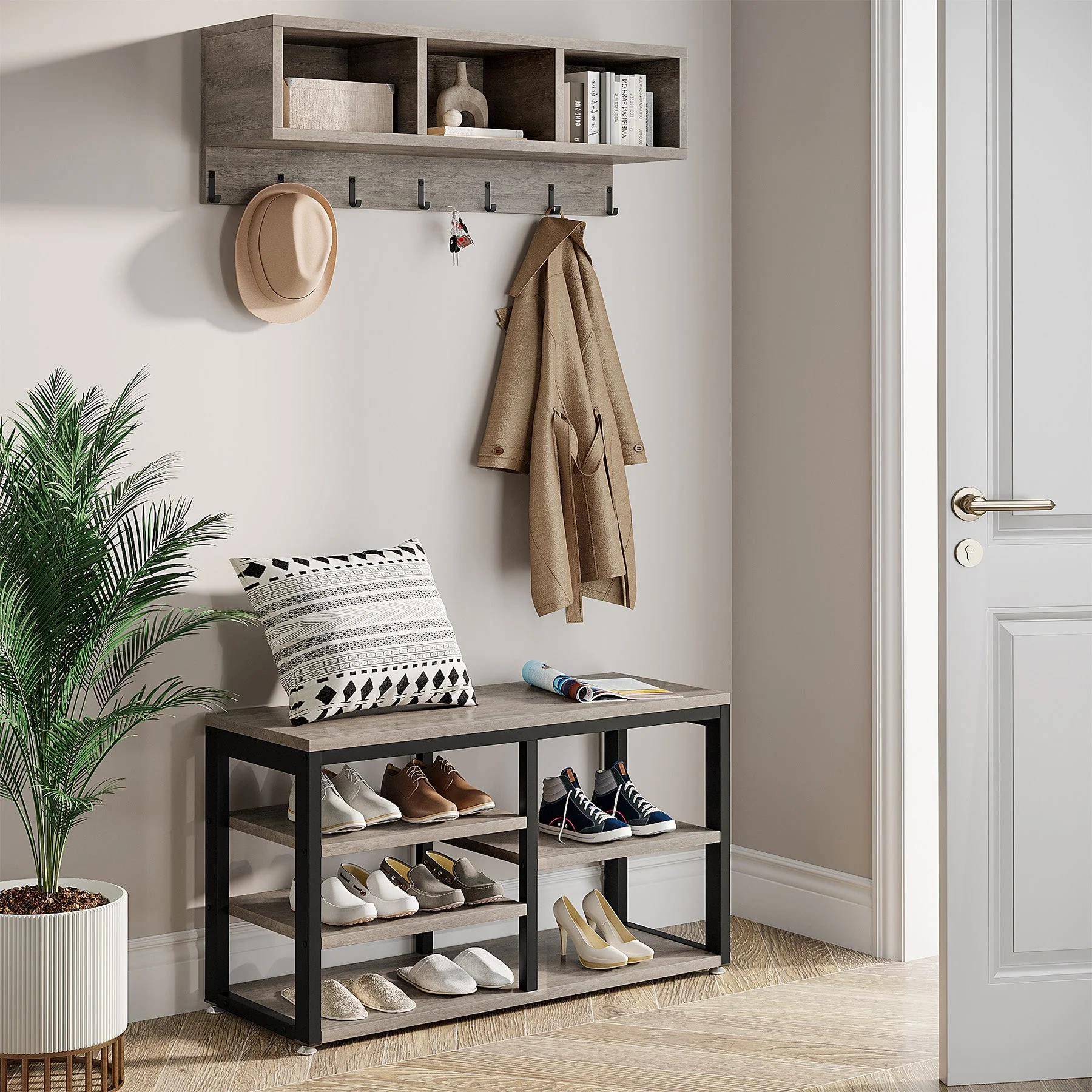 5 IN 1 Hall Tree Shoe Bench Set with Wall Mounted Shelf - Image 8
