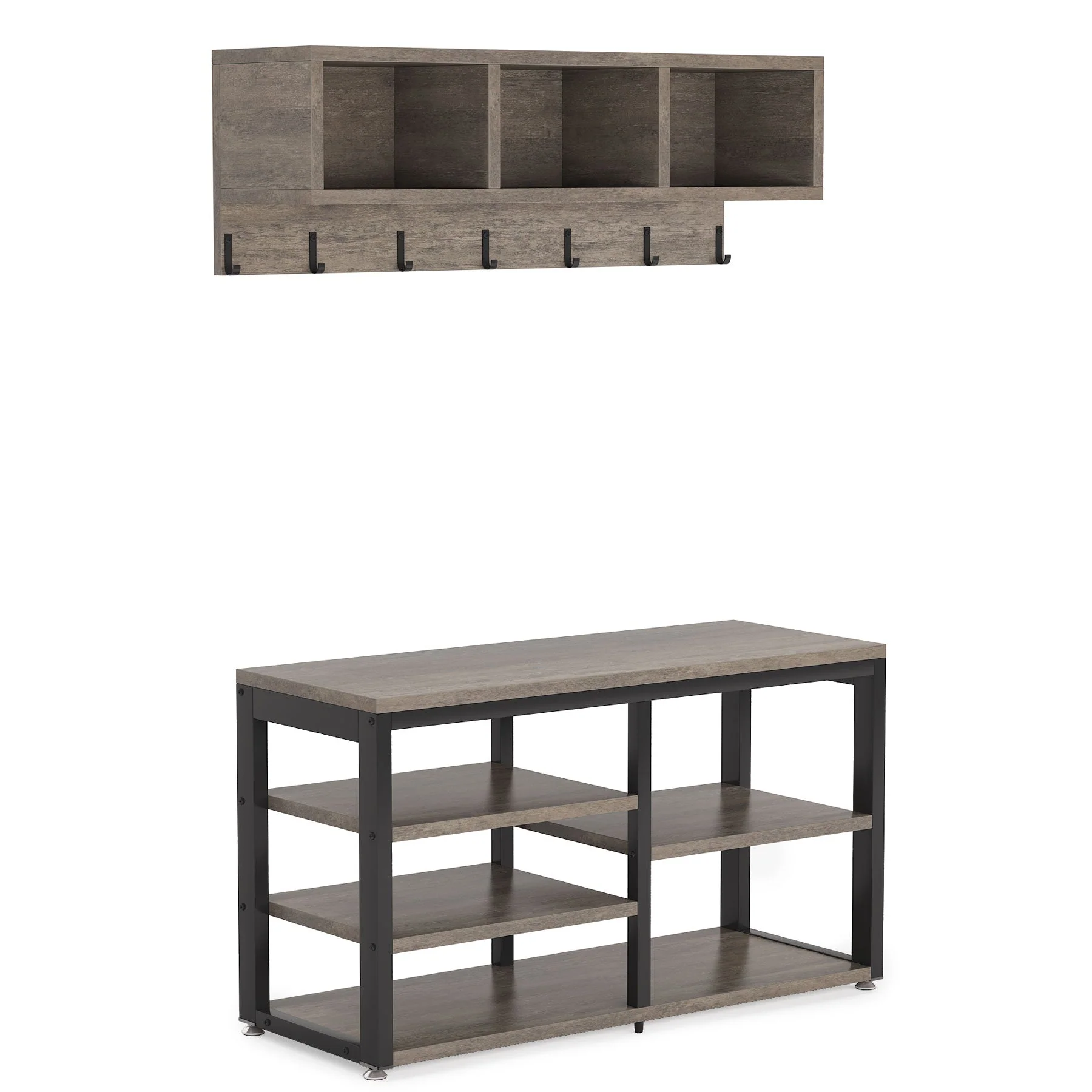 5 IN 1 Hall Tree Shoe Bench Set with Wall Mounted Shelf - Image 9