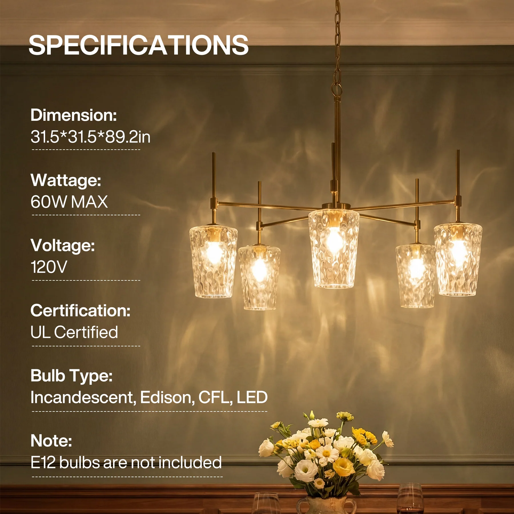 5-Light Chandelier, Modern Pendant Light with Water Ripple Wine Glass Shades - Image 6