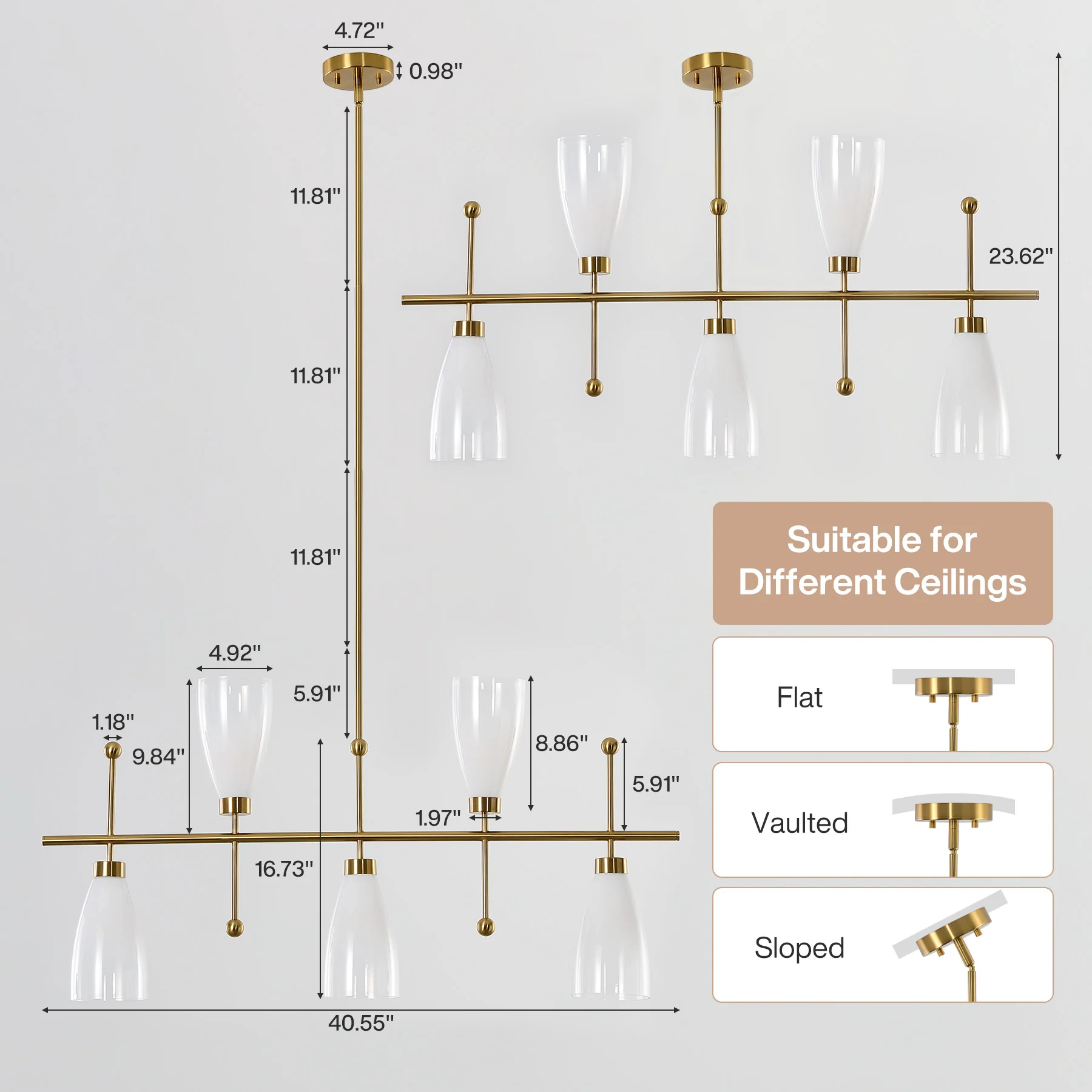 5-Light Modern Linear Chandelier, Kitchen Island Pendant Light with Gradient Frosted Glass Shades(E12 Bulbs Not Included) - Image 2