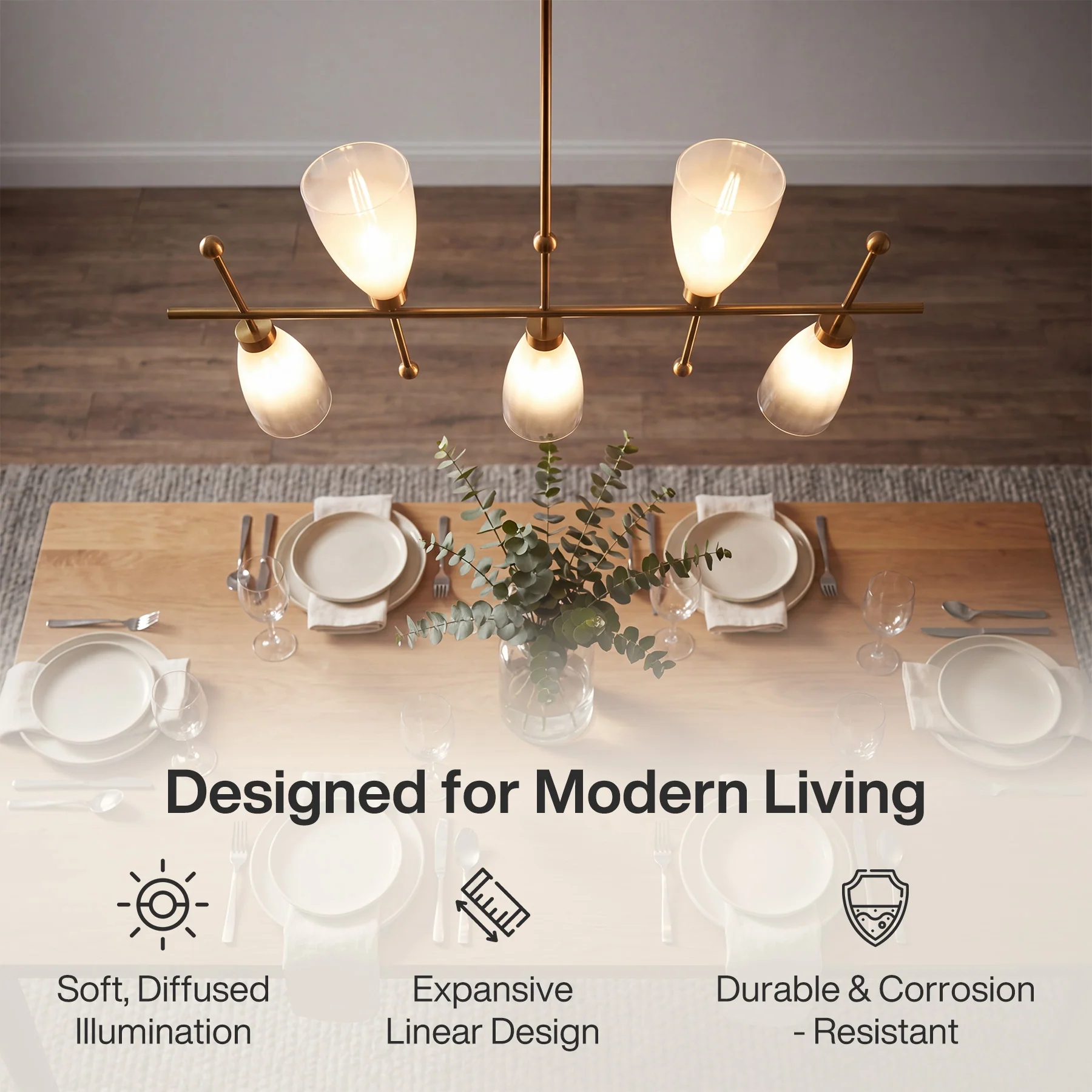 5-Light Modern Linear Chandelier, Kitchen Island Pendant Light with Gradient Frosted Glass Shades(E12 Bulbs Not Included) - Image 8