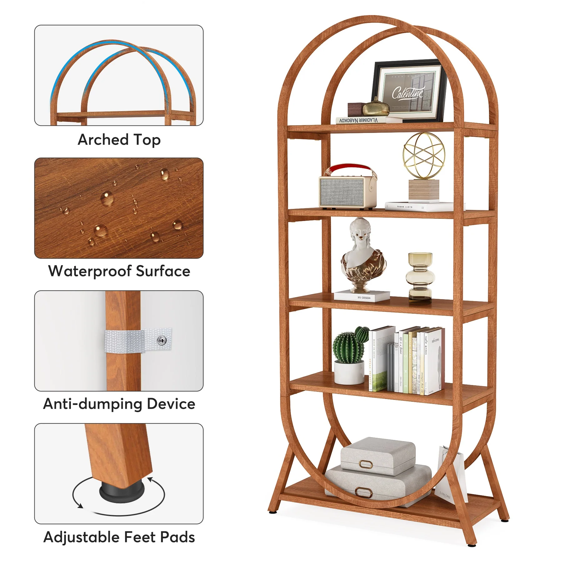 5-Tier Bookshelf, 70.8" Open Bookcase Arched Display Rack - Image 6