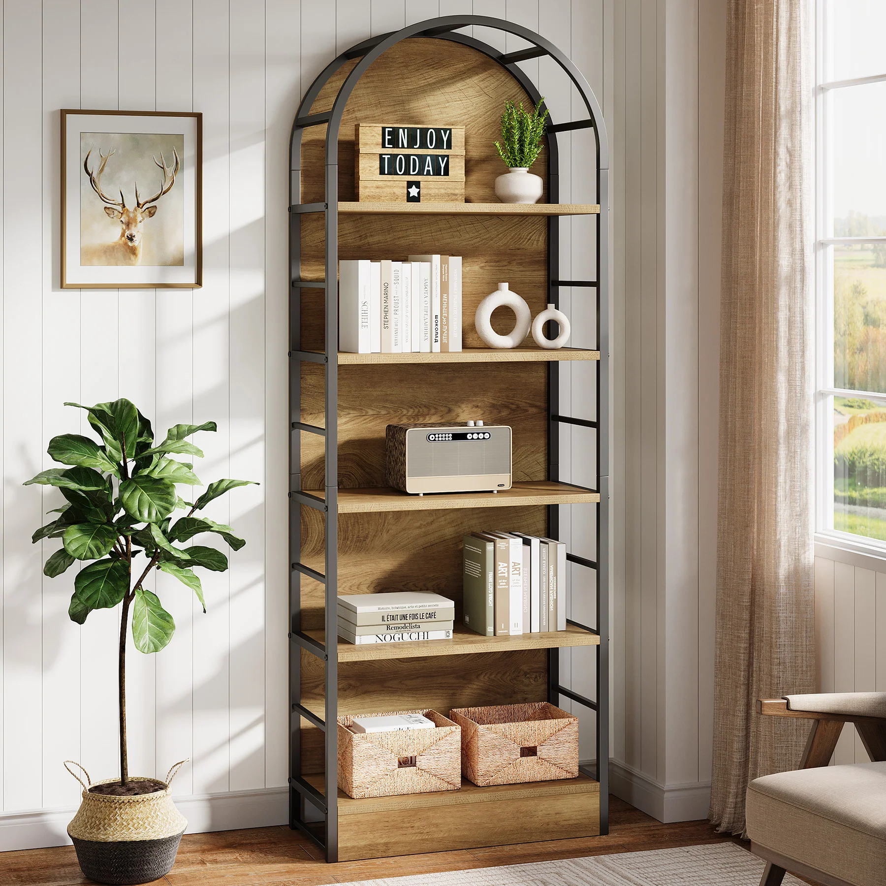 5 Tier Arched Bookcase, 70.8" Industrial Bookshelves for Living Room - Image 3