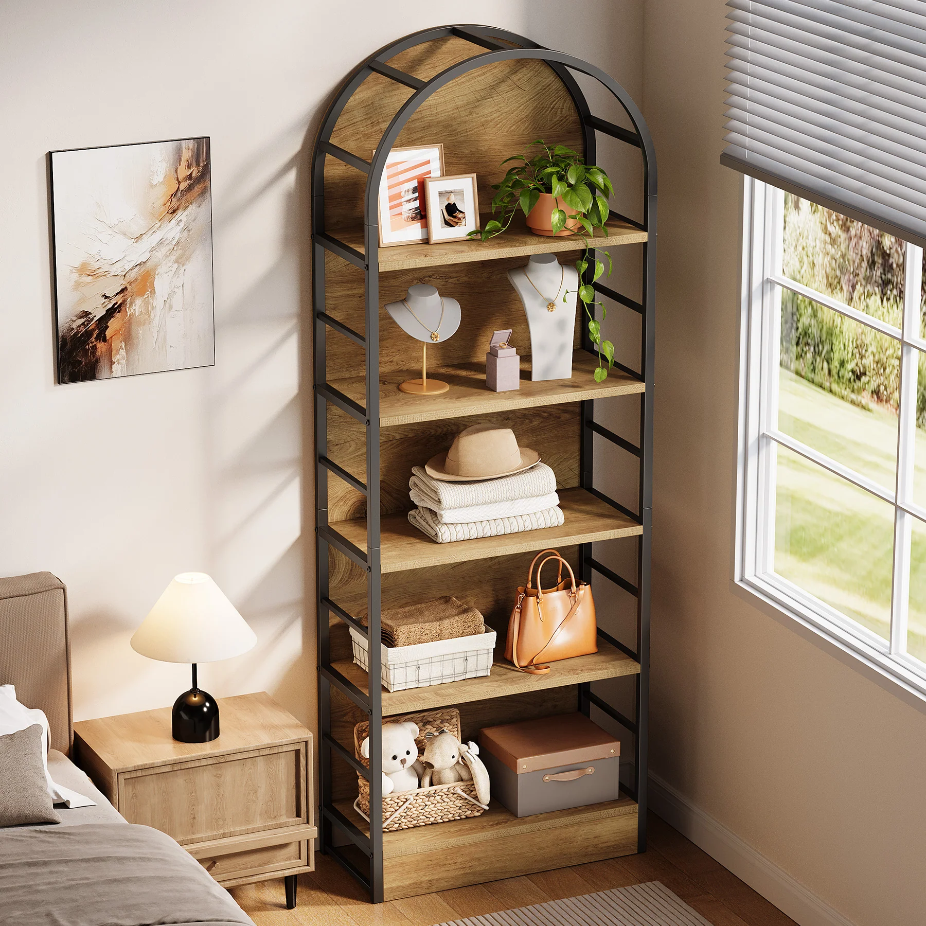 5 Tier Arched Bookcase, 70.8" Industrial Bookshelves for Living Room - Image 4