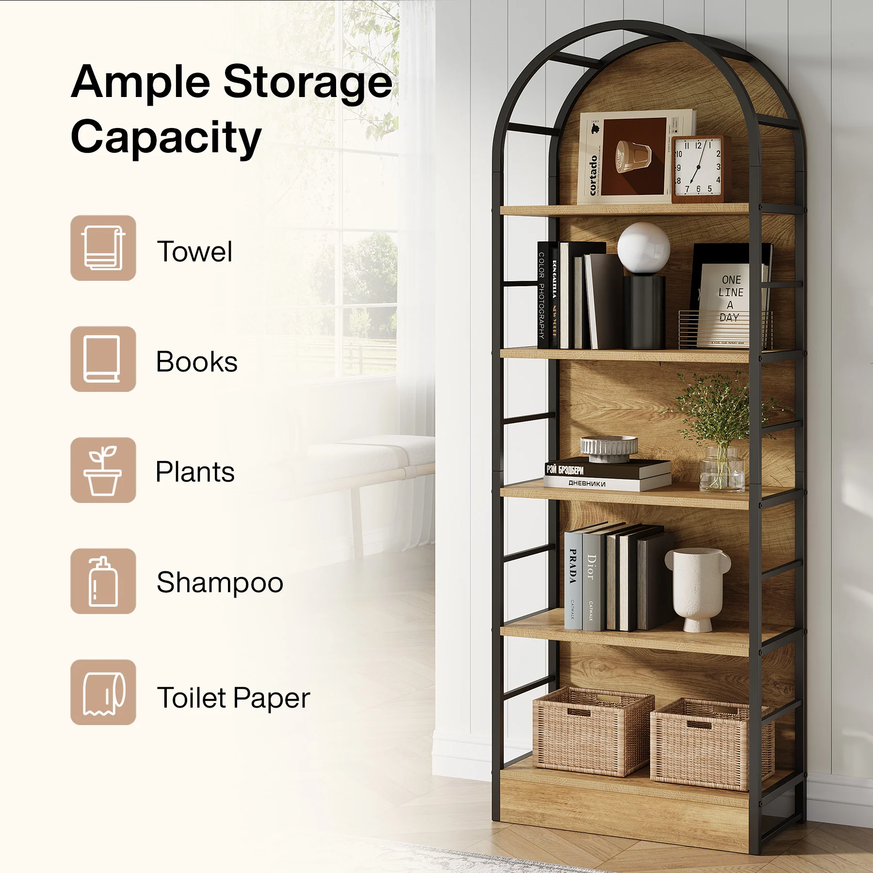 5 Tier Arched Bookcase, 70.8" Industrial Bookshelves for Living Room - Image 7
